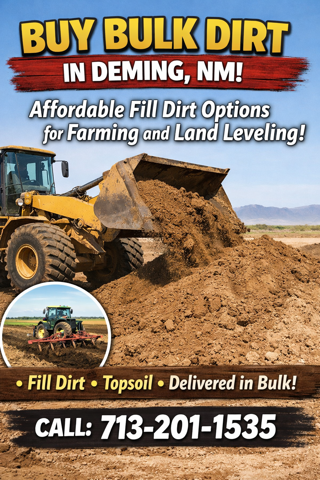 Buy bulk dirt in Deming, NM! Large pile of fill dirt with heavy equipment.