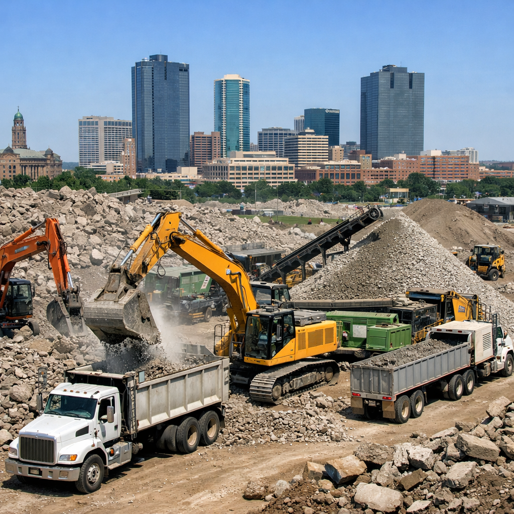 Heavy machinery processing and loading crushed concrete at a Fort Worth, TX demolition site with skyline, ideal for sell crushed concrete in Fort Worth, TX.