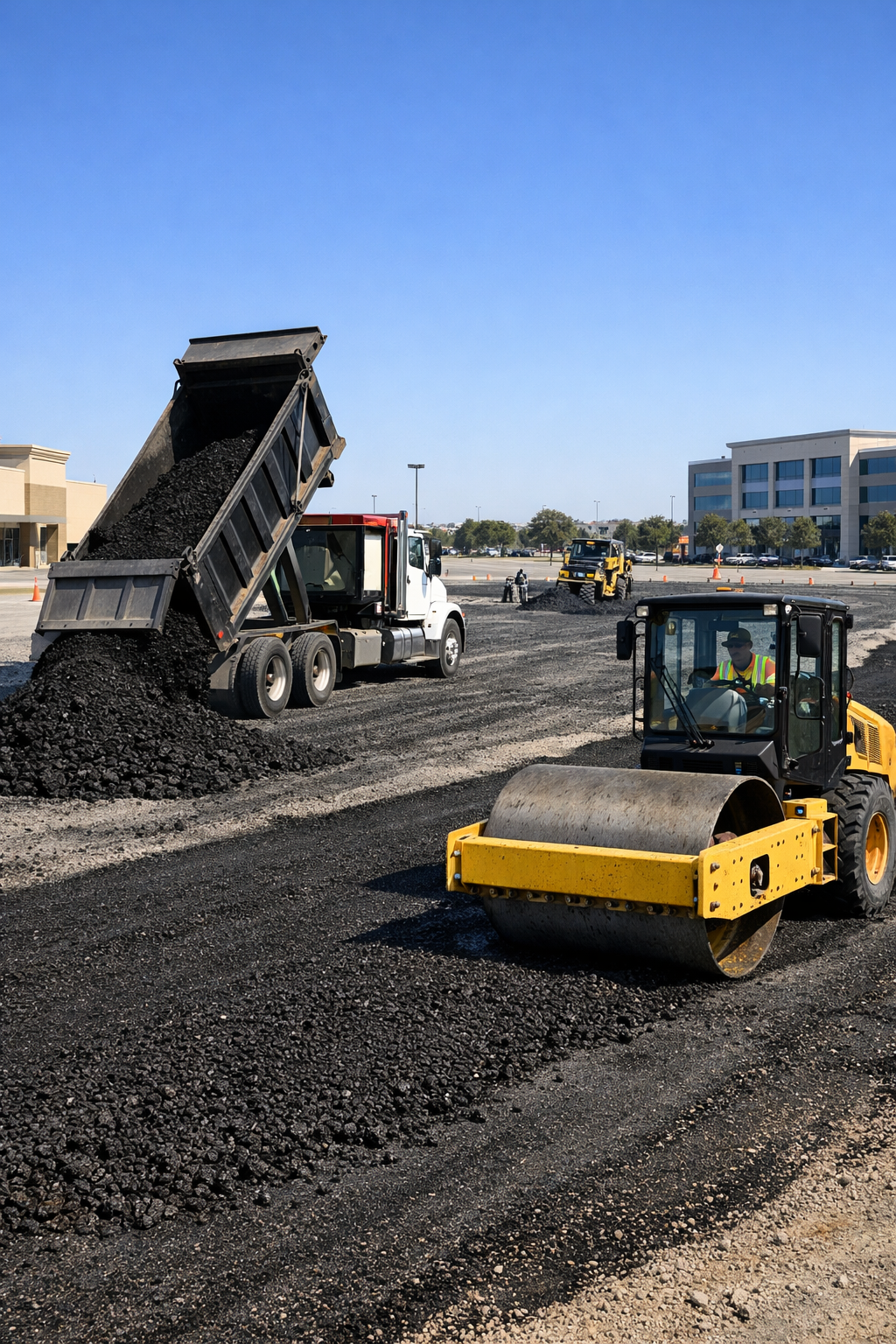 Dump truck unloading recycled asphalt millings while roller compacts pavement in DFW construction site, perfect for buy recycled asphalt in DFW.