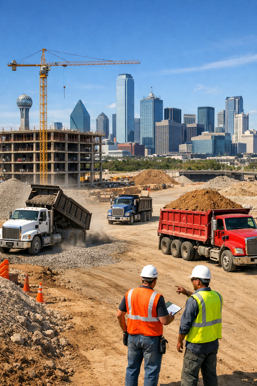 Construction site with dump trucks hauling dirt and materials, workers coordinating in Dallas skyline view, ideal for buying and hauling construction materials in Dallas