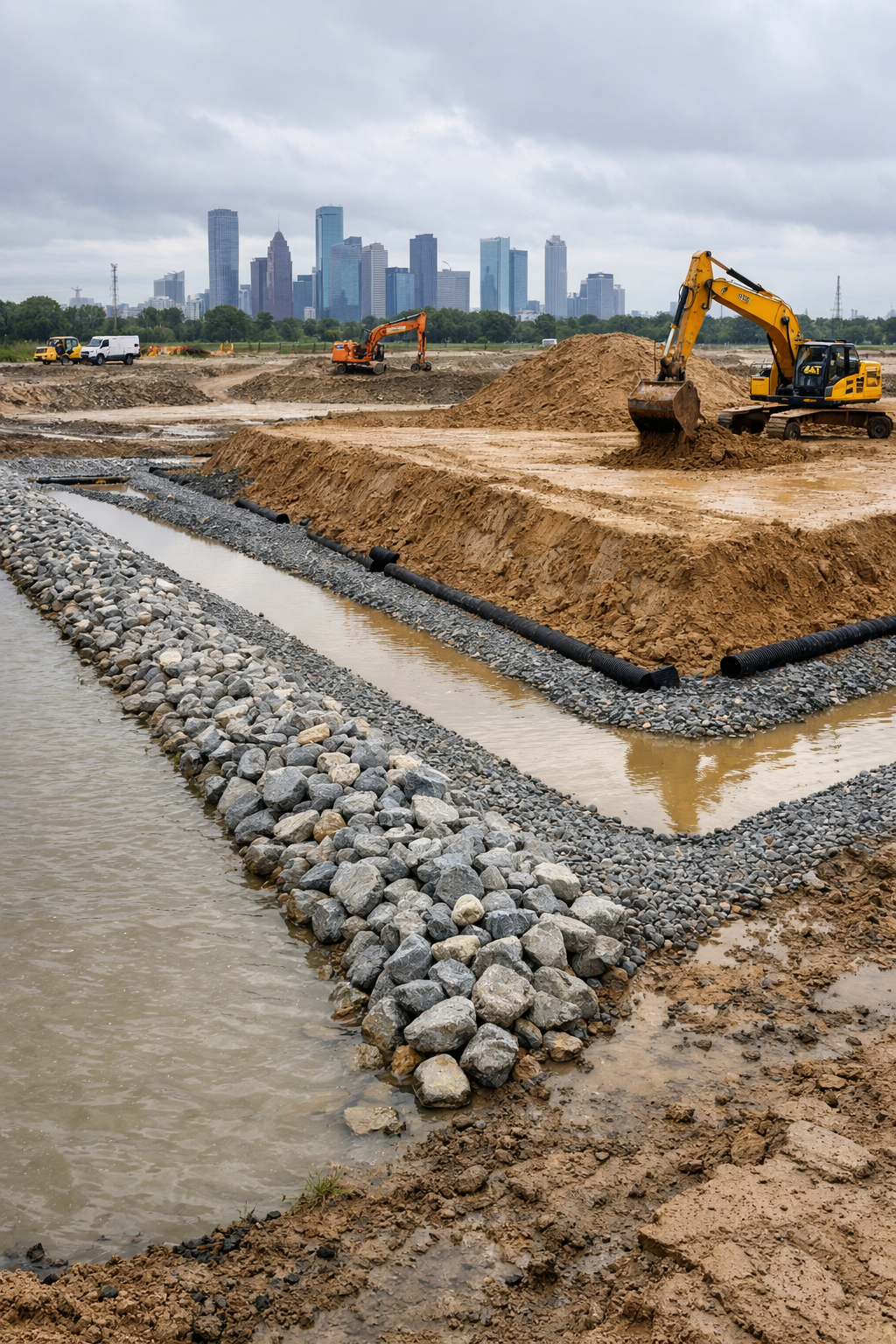 Flood control and drainage projects in Houston using riprap and gravel systems