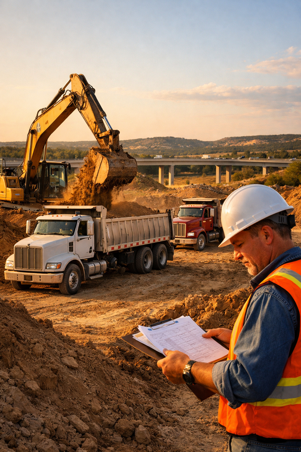 Excavation contractor loading trucks to sell fill dirt in San Antonio construction project.
