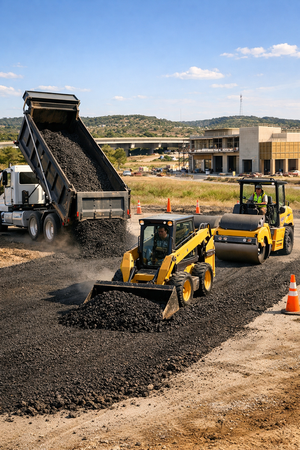 Recycled asphalt in San Antonio, TX being installed and compacted for a commercial parking lot project.