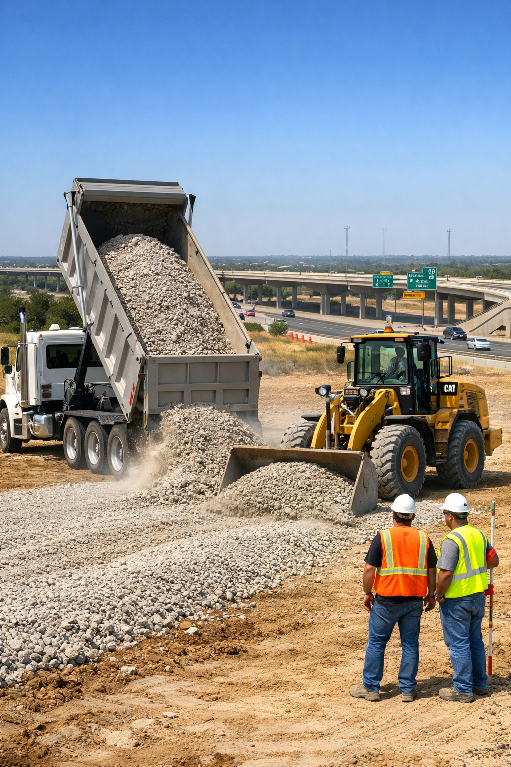 Local Aggregate Sources in San Antonio, TX delivering crushed limestone to a commercial construction site.