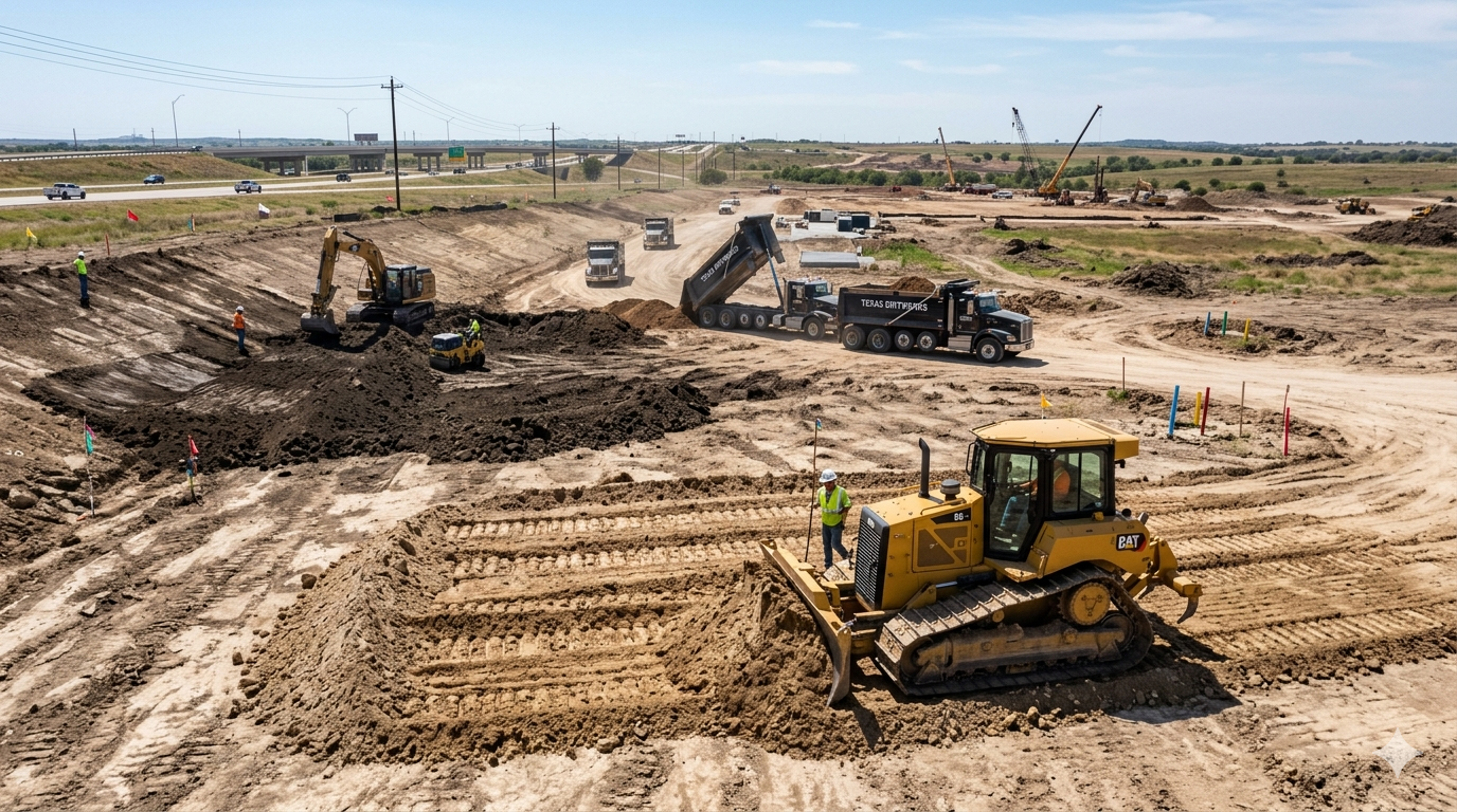 Fill dirt in Texas construction projects being used for grading, building pad prep, and access road support.