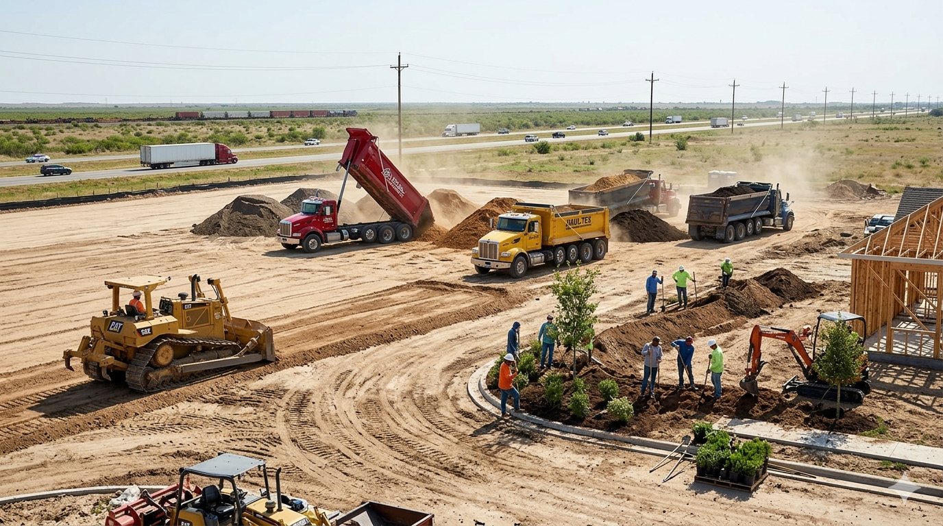 Buy bulk fill dirt in Texas for construction and landscaping at a large mixed-use project site.
