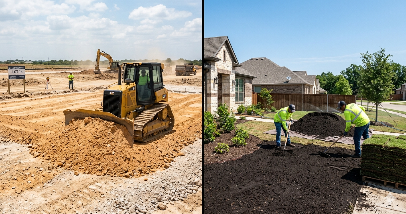Fill dirt vs topsoil in Texas shown side by side for construction grading and residential landscaping.