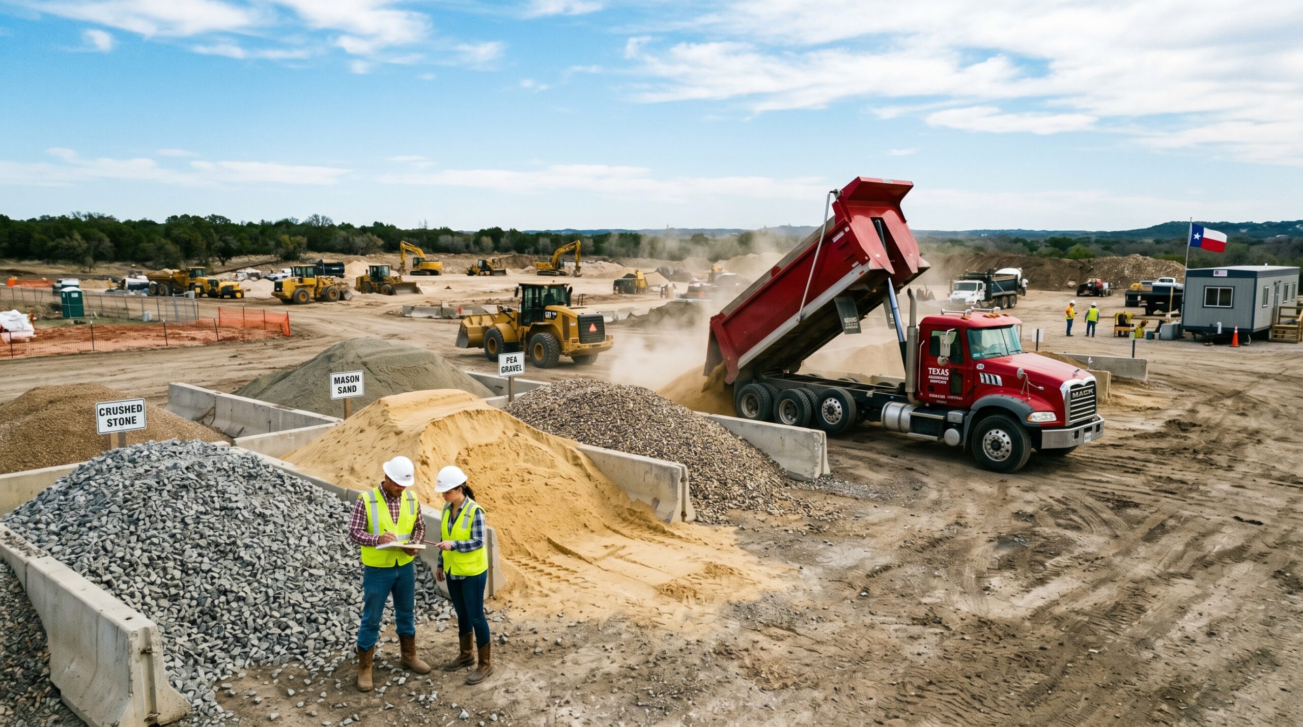 Buying bulk aggregates in Texas with contractors inspecting gravel and crushed stone at a large construction site.