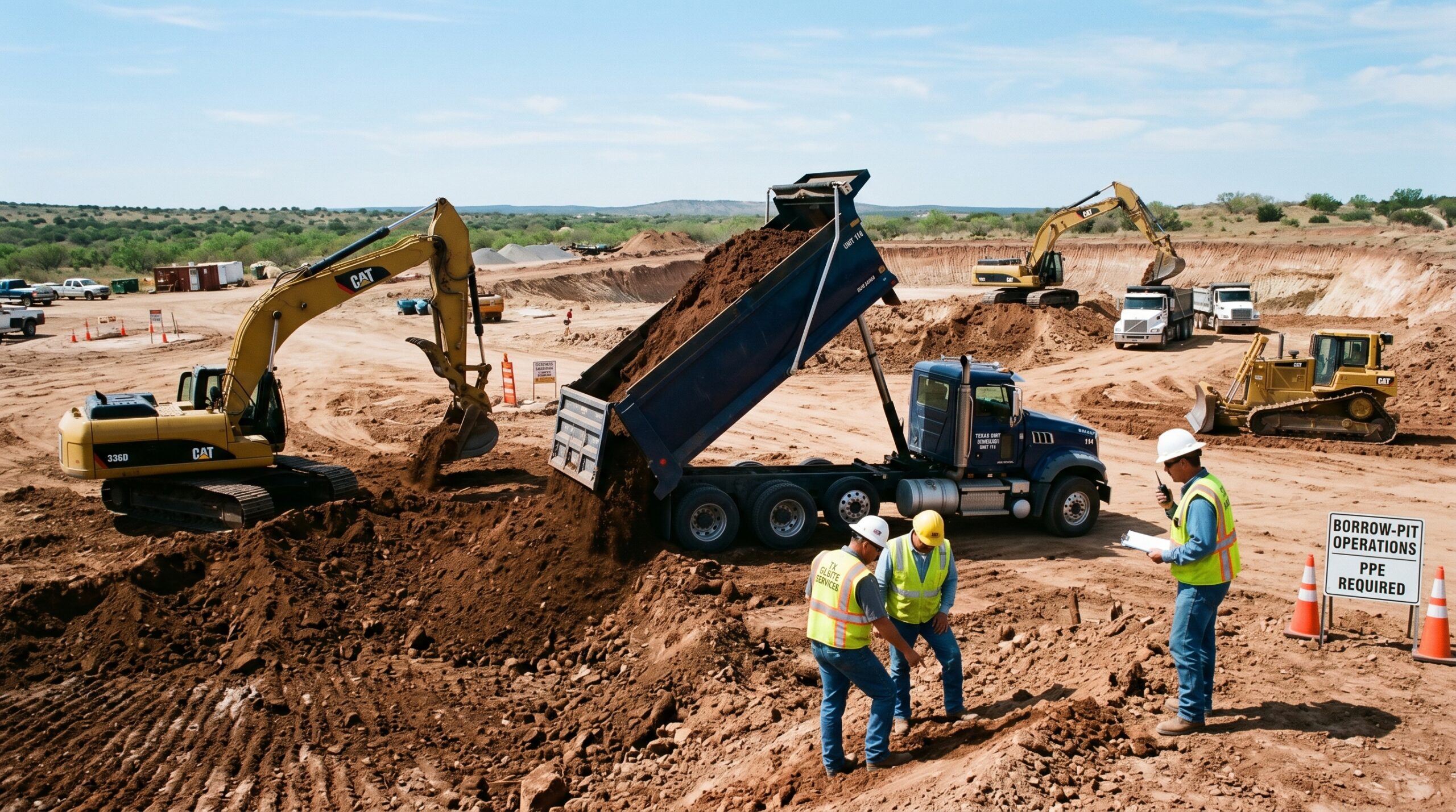 Purchasing bulk dirt in Texas with contractors inspecting soil quality and dump trucks delivering material to a construction site.