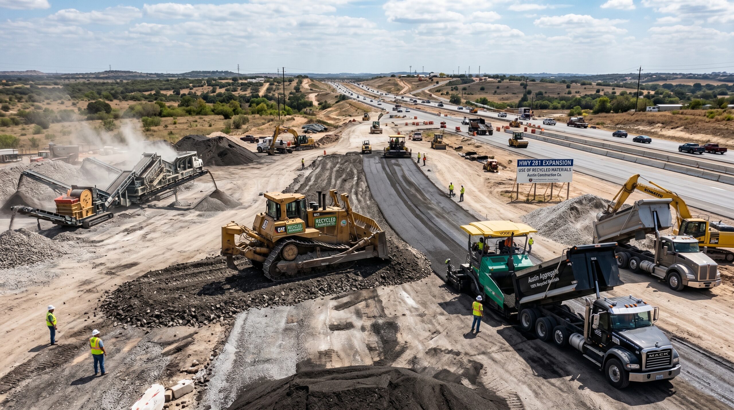 Recycled construction materials in Texas being used for road base and large-scale site development.