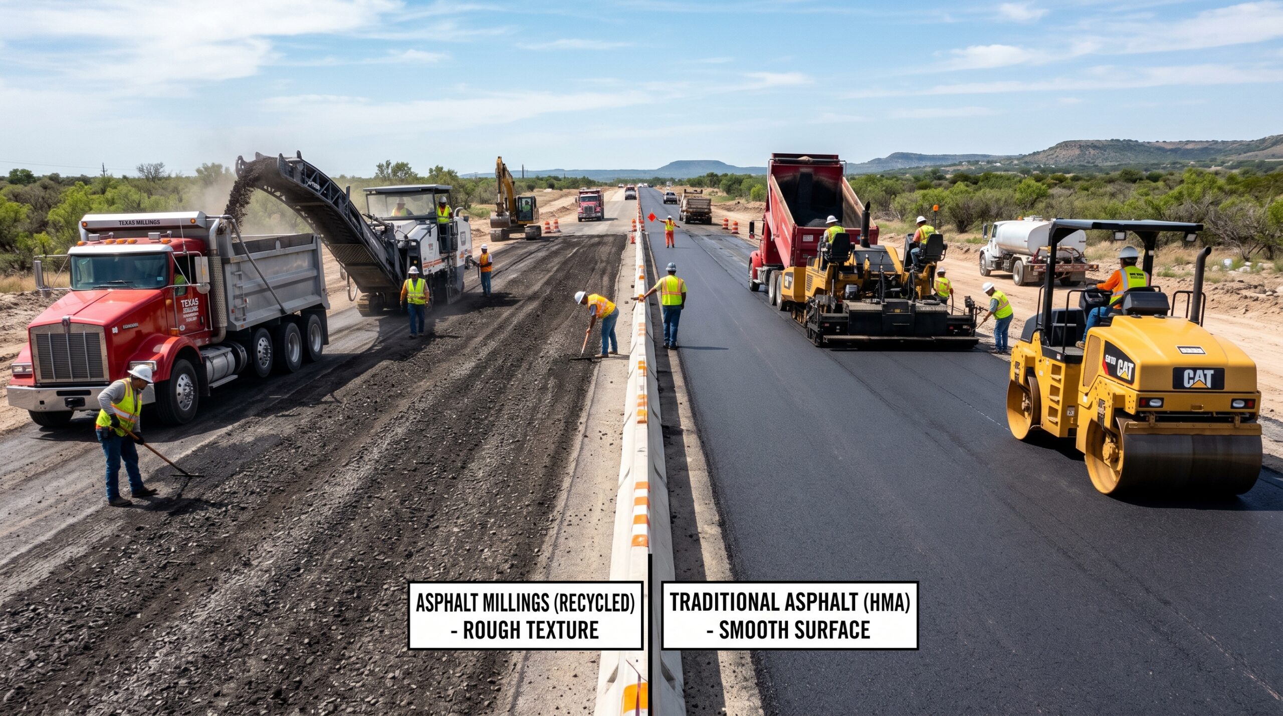 Asphalt millings vs traditional asphalt comparison on a Texas paving project showing surface differences and construction equipment.