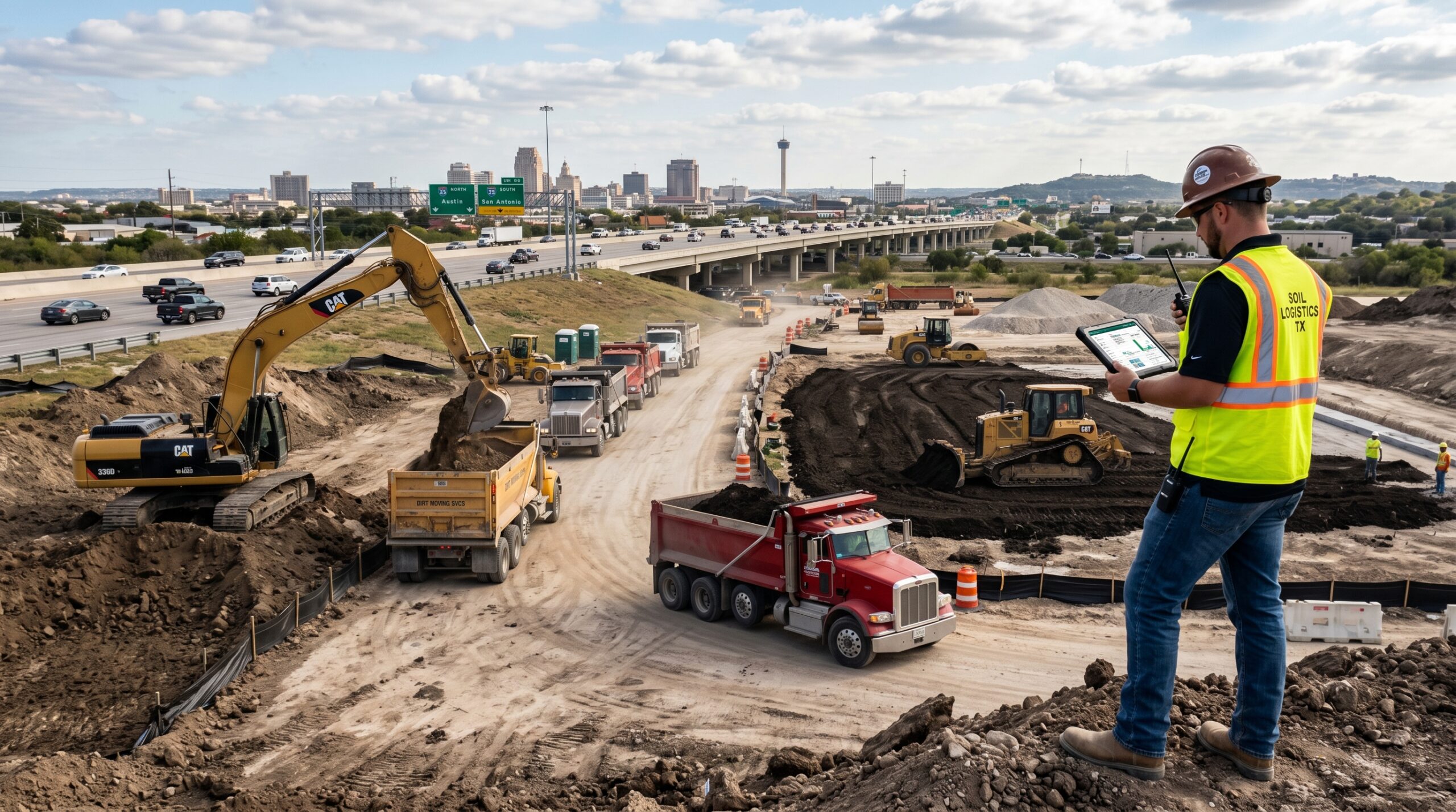 Dirt brokering in Texas showing contractors transferring bulk dirt between construction sites using coordinated logistics.