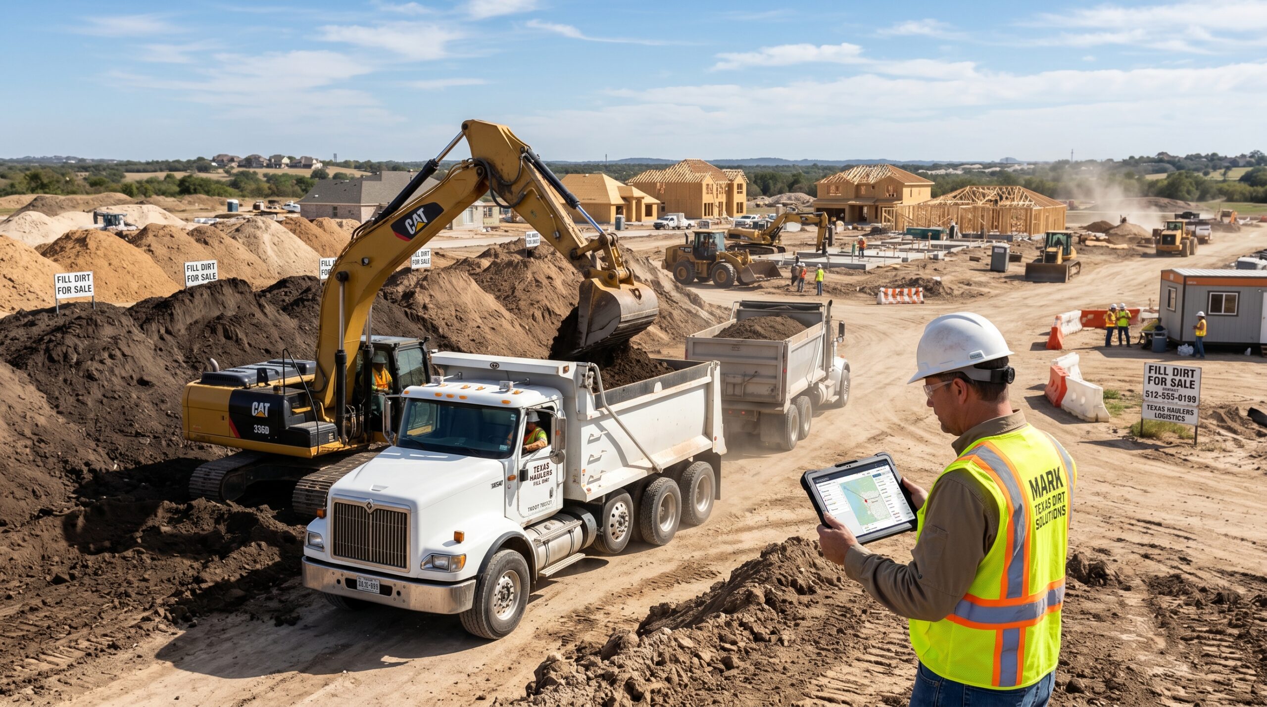 Sell excess fill dirt in Texas from a construction site with trucks loading and transporting bulk dirt.
