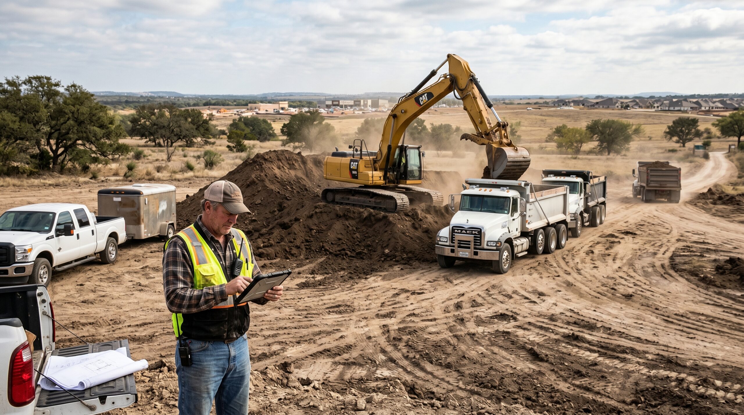 Landowner profiting from selling fill dirt in Texas with trucks loading dirt from a rural property.