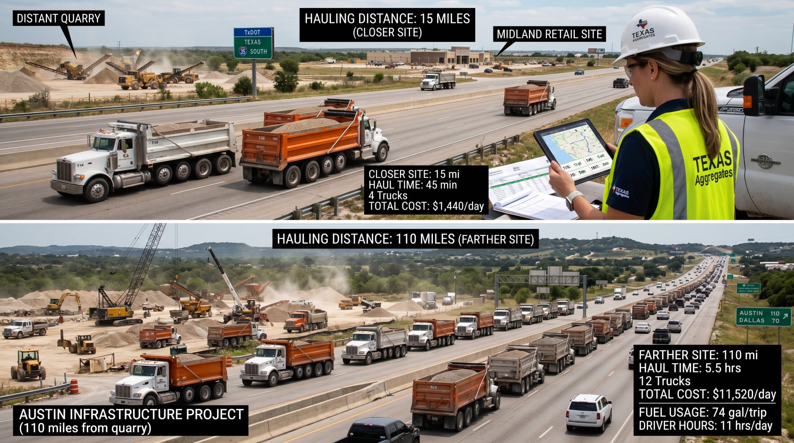 Hauling distance affects bulk material costs in Texas with trucks transporting aggregates across long distances to construction sites.
