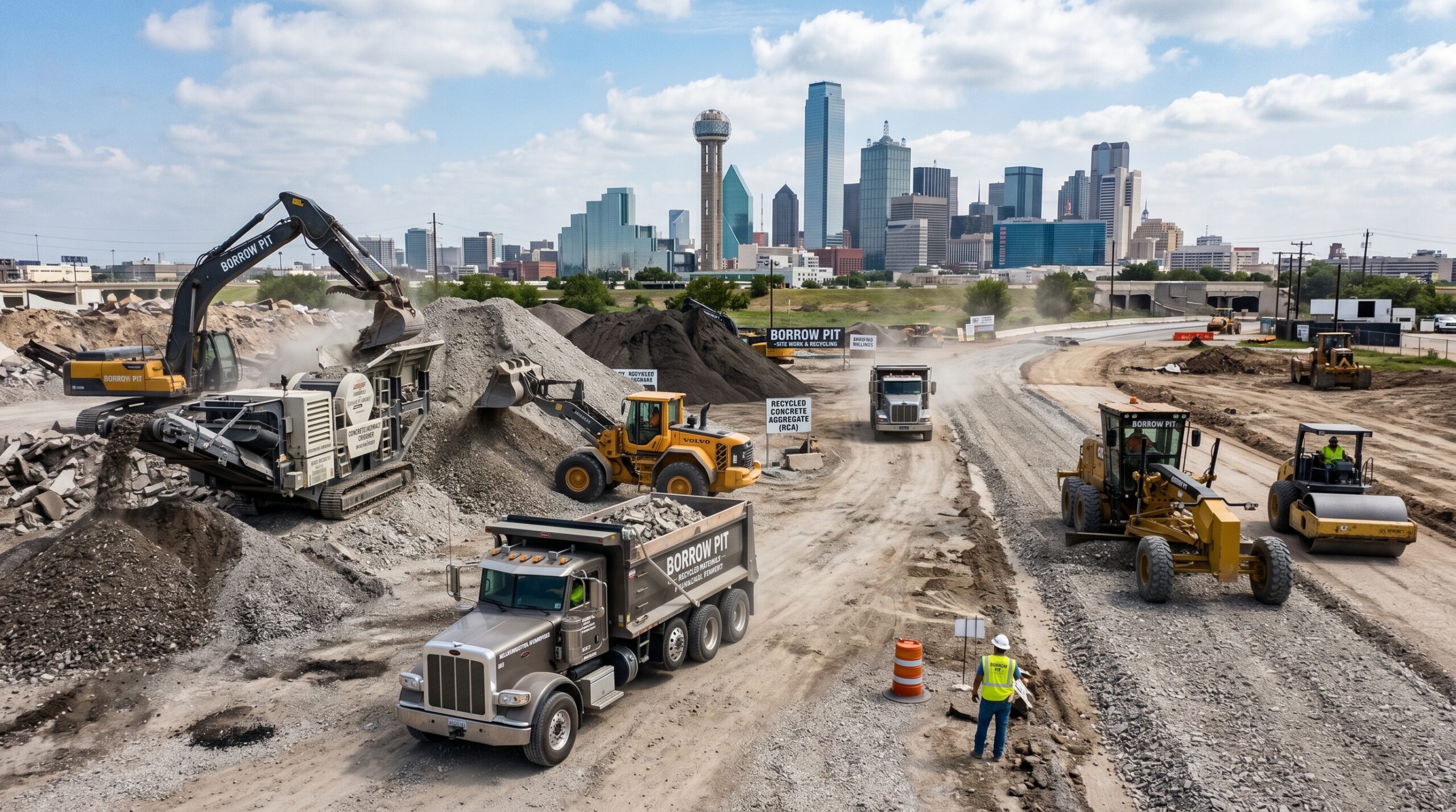 Reusing construction materials in Texas with crushed concrete and asphalt millings being recycled for a new construction project.