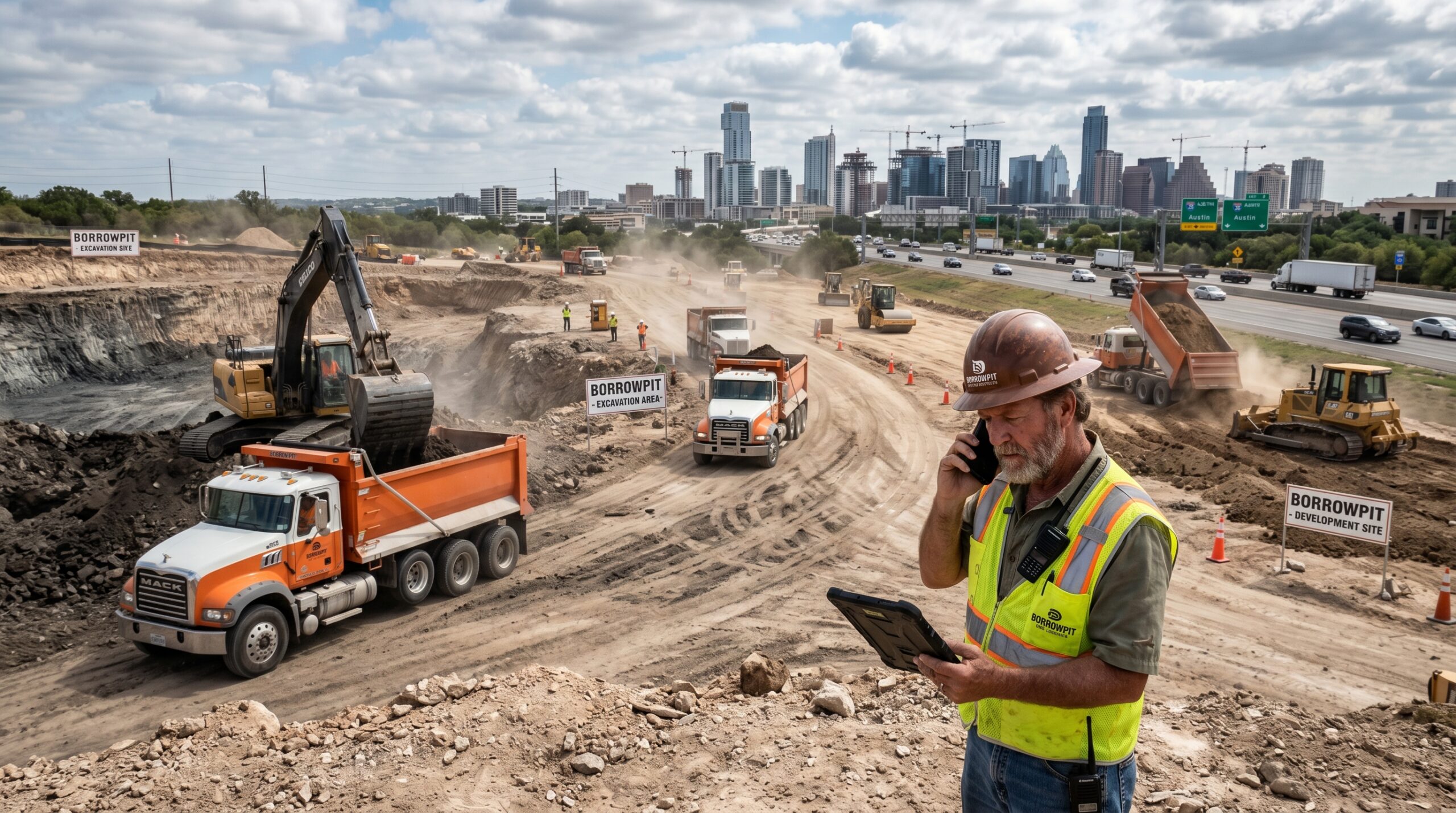 Dirt brokers in Texas coordinating bulk dirt supply between construction sites to reduce hauling distance and improve efficiency.