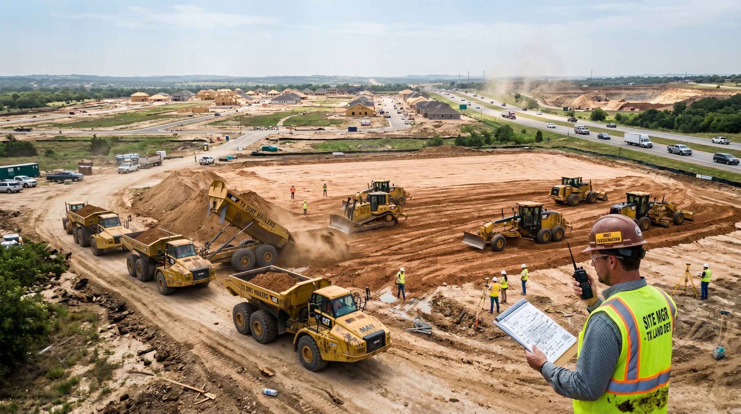 Bulk dirt in Texas for large development projects being delivered and spread across a construction site.