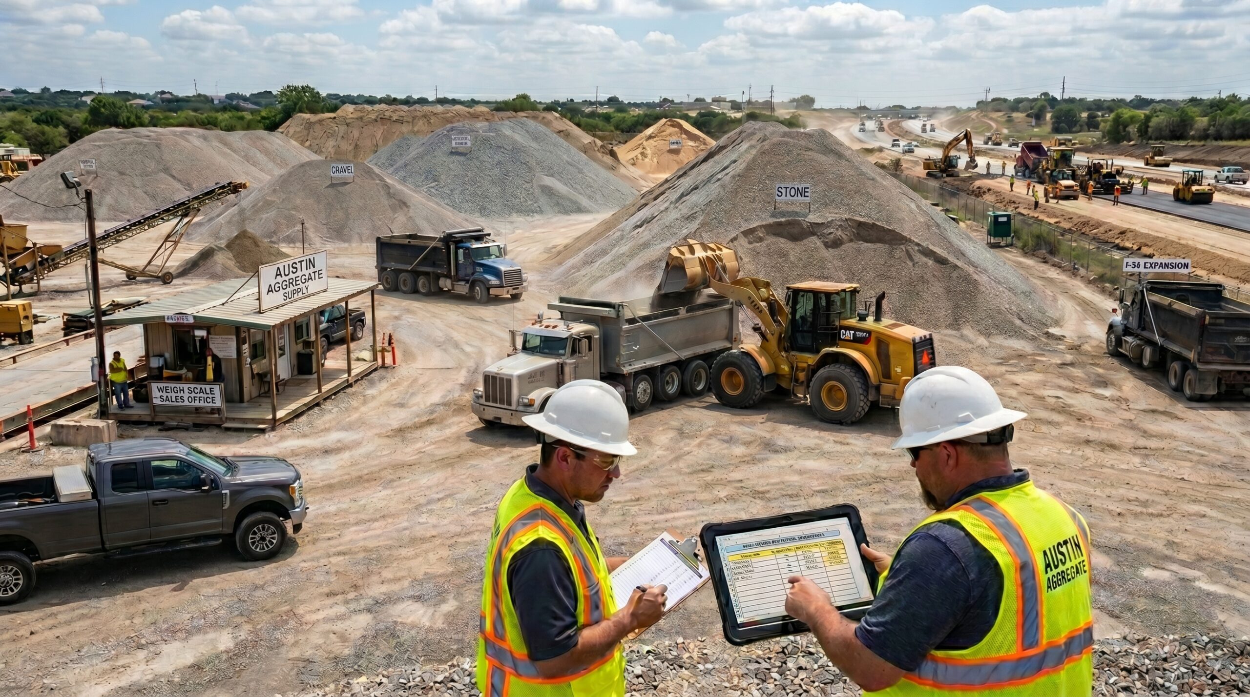 Bulk aggregate pricing in Texas illustrated by gravel stockpiles and trucks loading materials at a supplier yard.