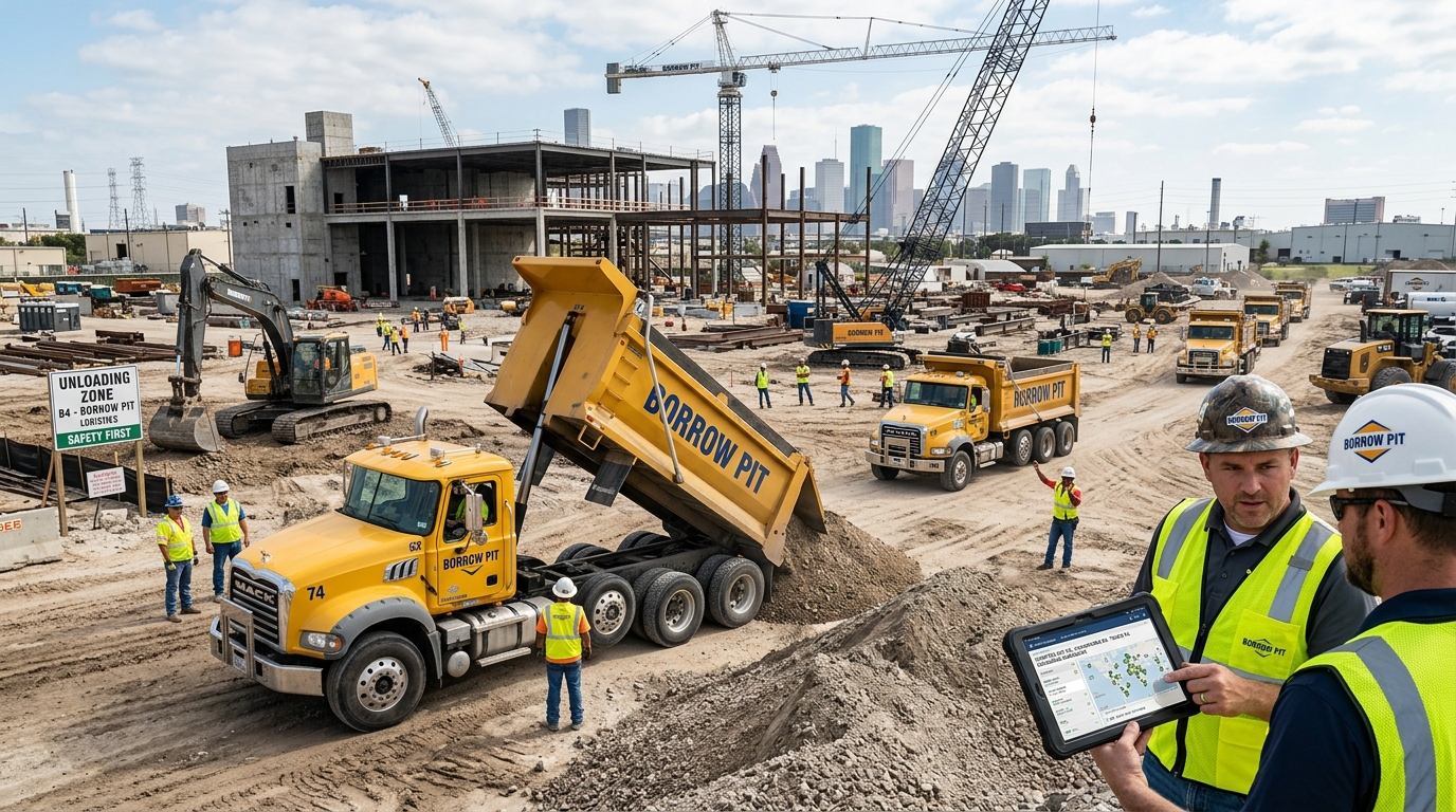 Material sourcing efficiency in Houston with organized bulk material delivery at construction site.