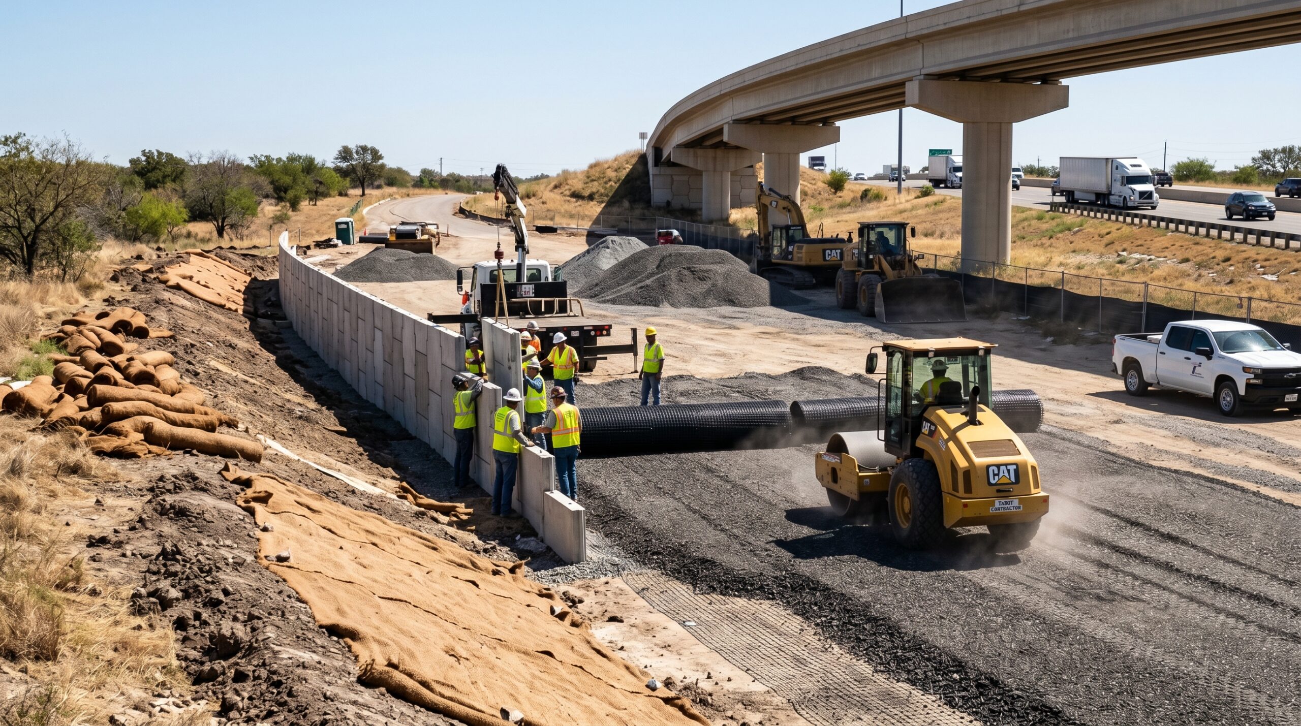 MSE backfill used behind a retaining wall during Texas infrastructure construction.