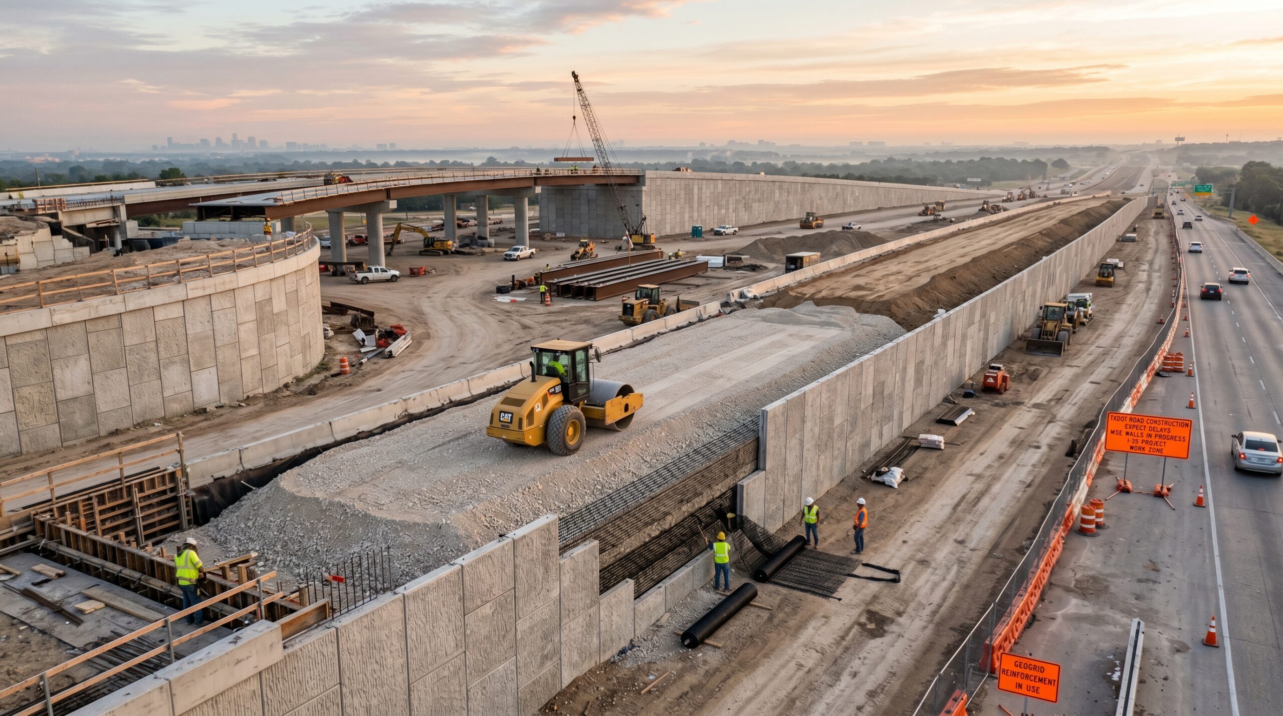 MSE backfill in Texas highway construction projects using crushed aggregate and reinforced retaining wall systems.