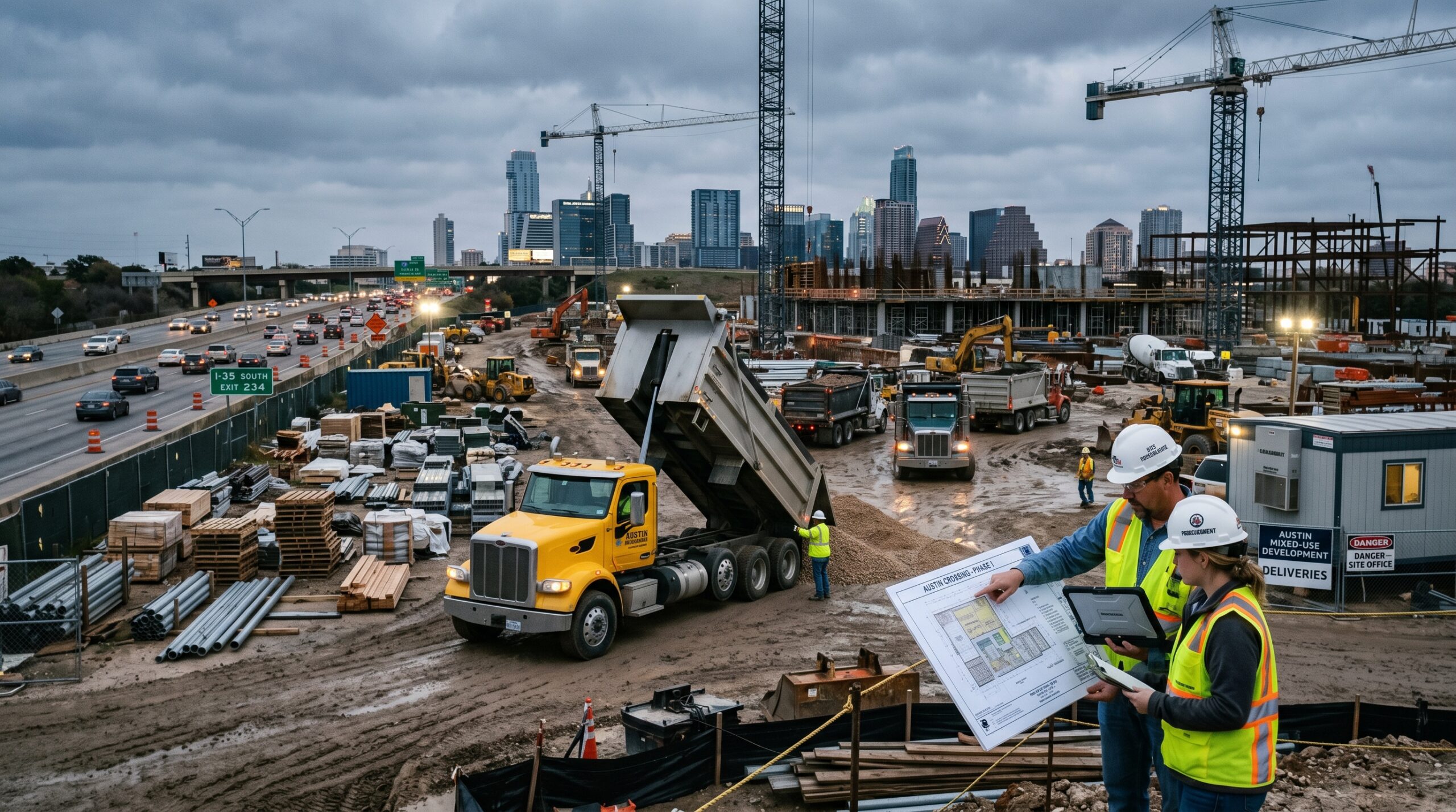 Material sourcing in Austin development projects with local suppliers coordinating bulk construction material deliveries.