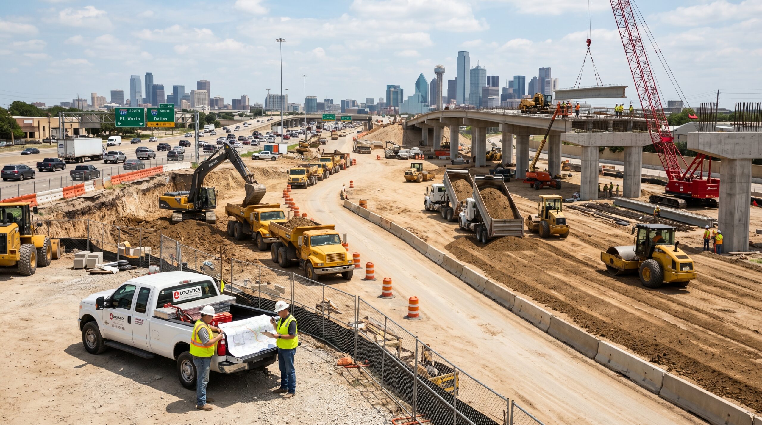 Dirt brokers in Dallas–Fort Worth coordinating excavation material transport between highway construction projects.