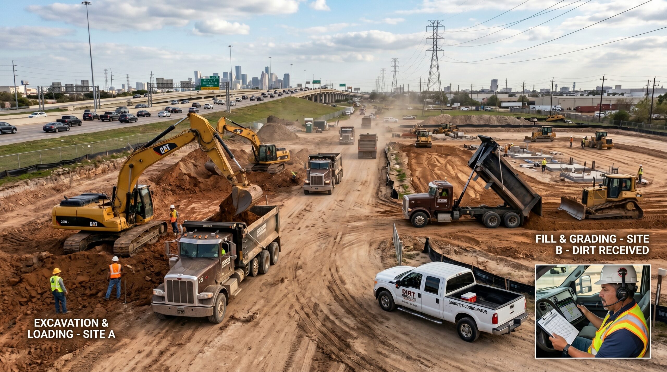 Dirt brokering is growing in Houston as contractors coordinate fill dirt transport between nearby construction projects.