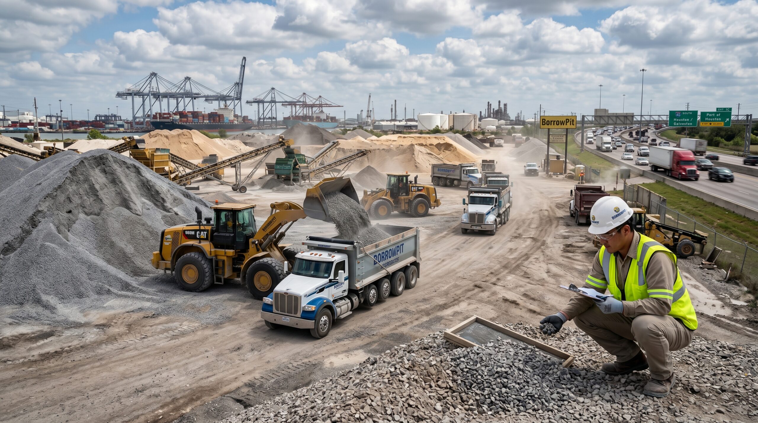 Aggregate suppliers near me in Houston loading bulk gravel into trucks at an industrial supplier yard.