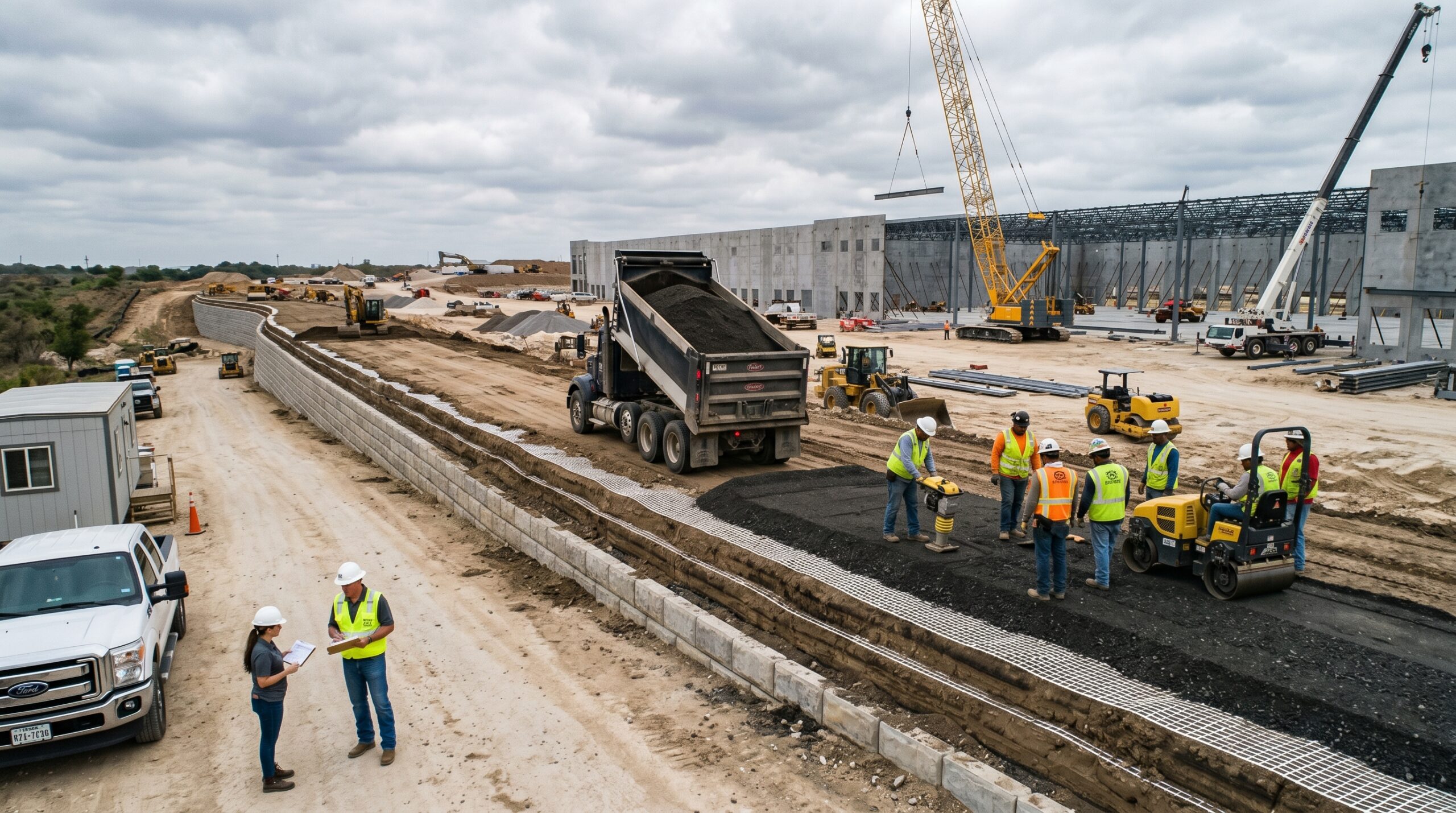 Quality MSE backfill in Texas being installed for a large commercial retaining wall project.
