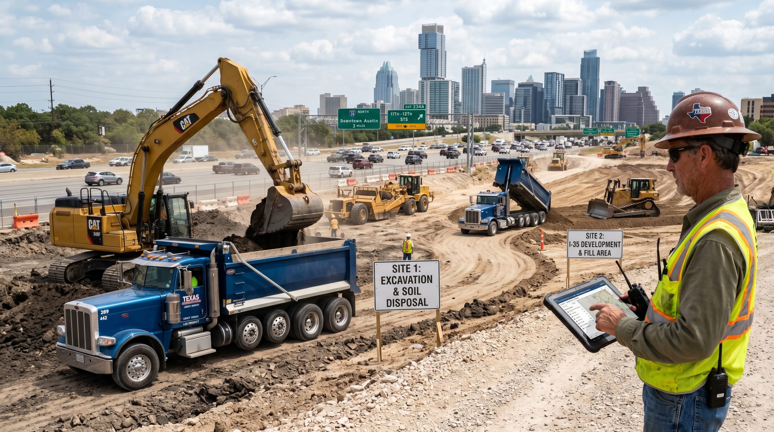 Material sourcing strategies for Texas construction projects showing efficient transport of dirt between nearby job sites.