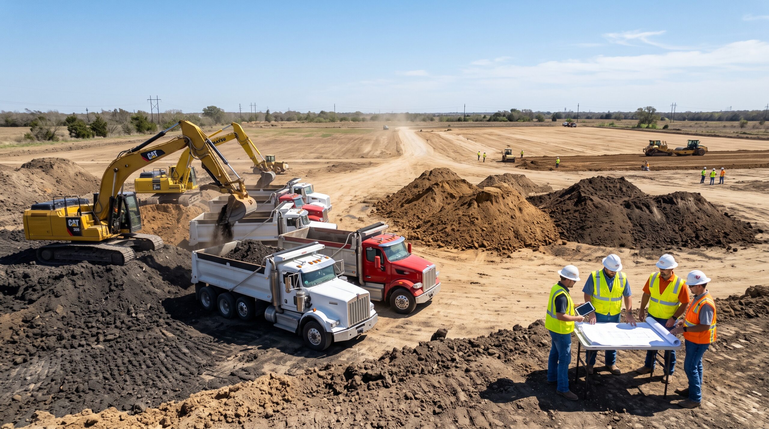 Contractors managing and dispose of excess cut dirt from a Texas construction site.