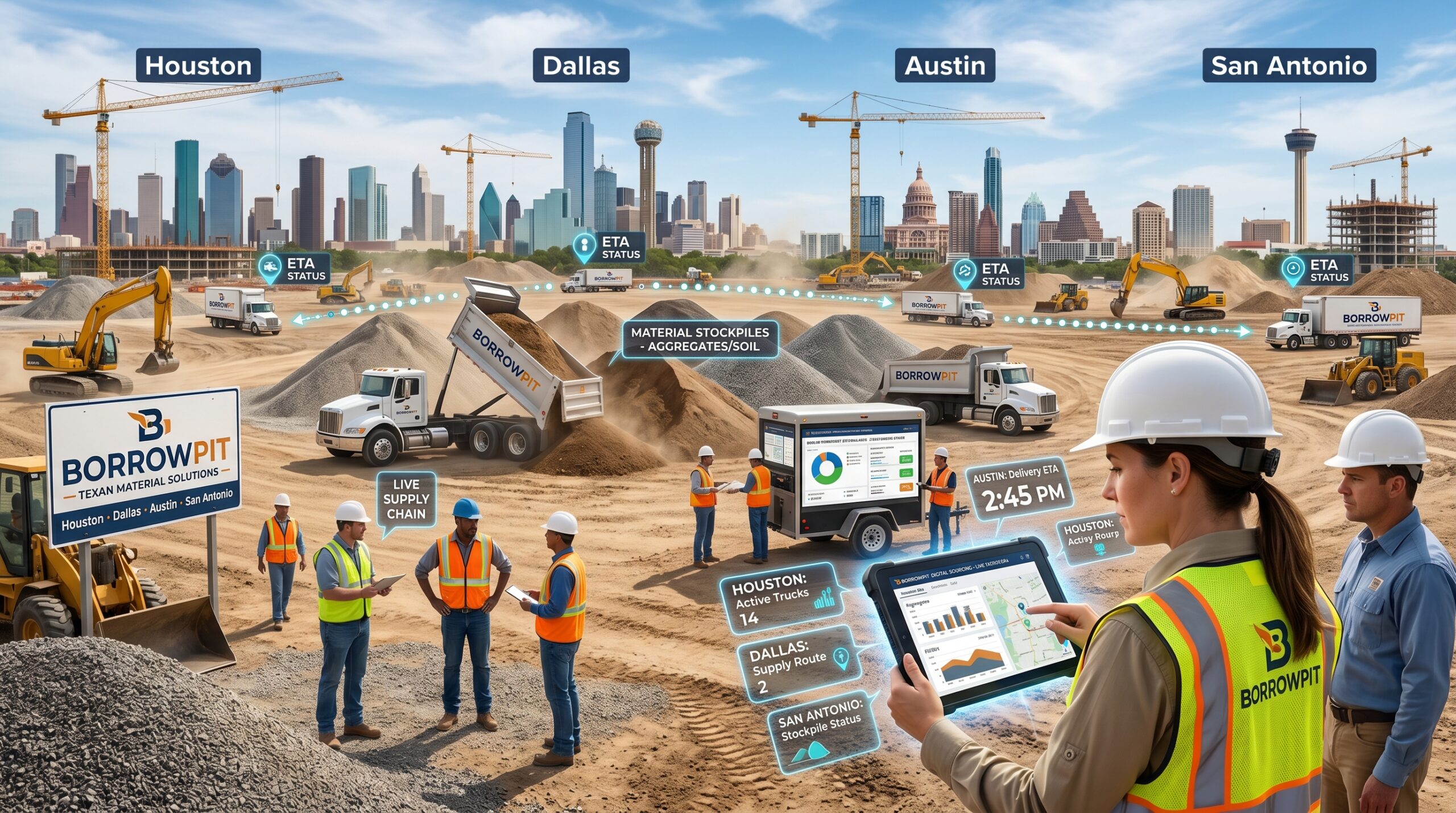 Digital material sourcing across Texas construction job sites using online procurement technology and supplier networks.