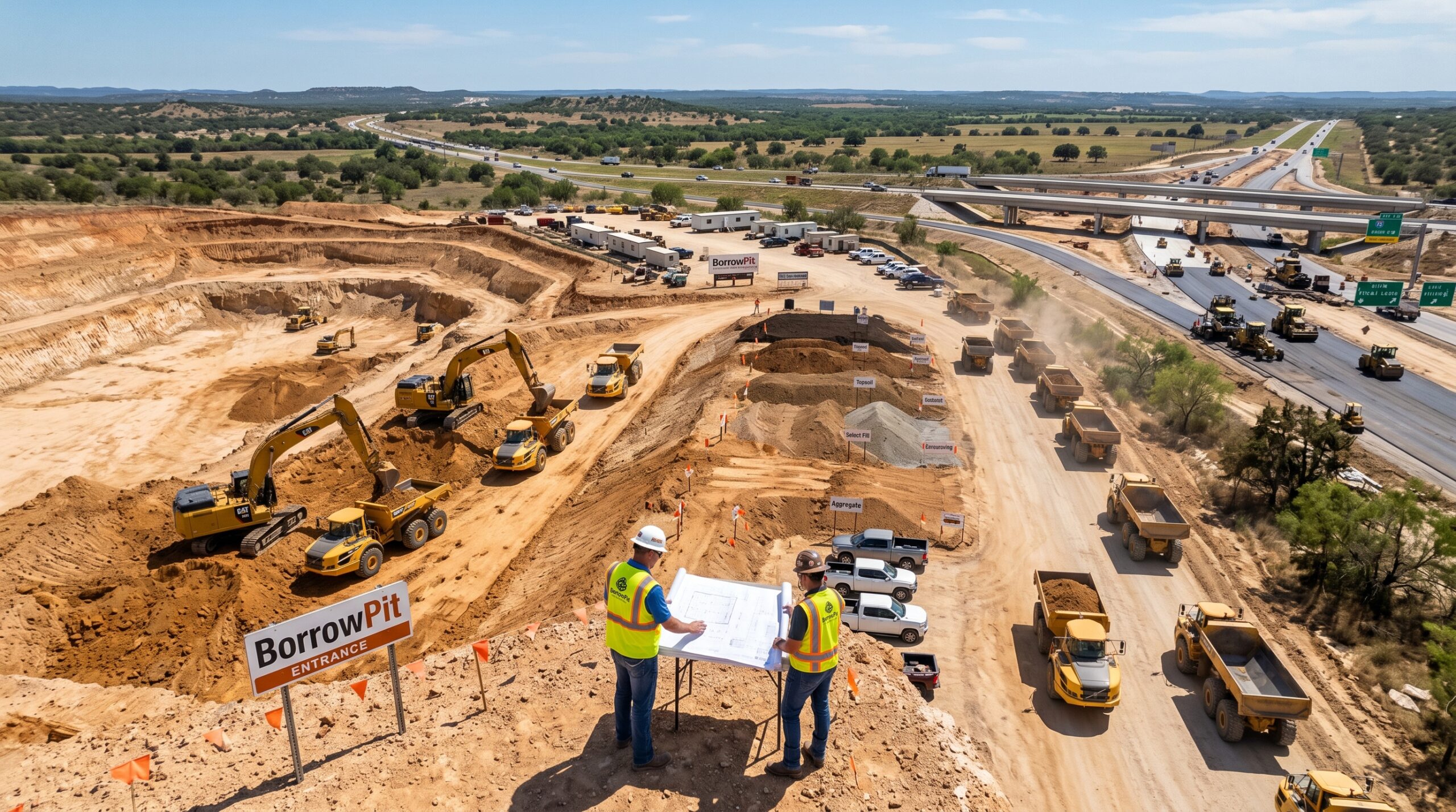 What is a borrow pit in construction showing excavation and fill dirt hauling for a Texas earthwork project.
