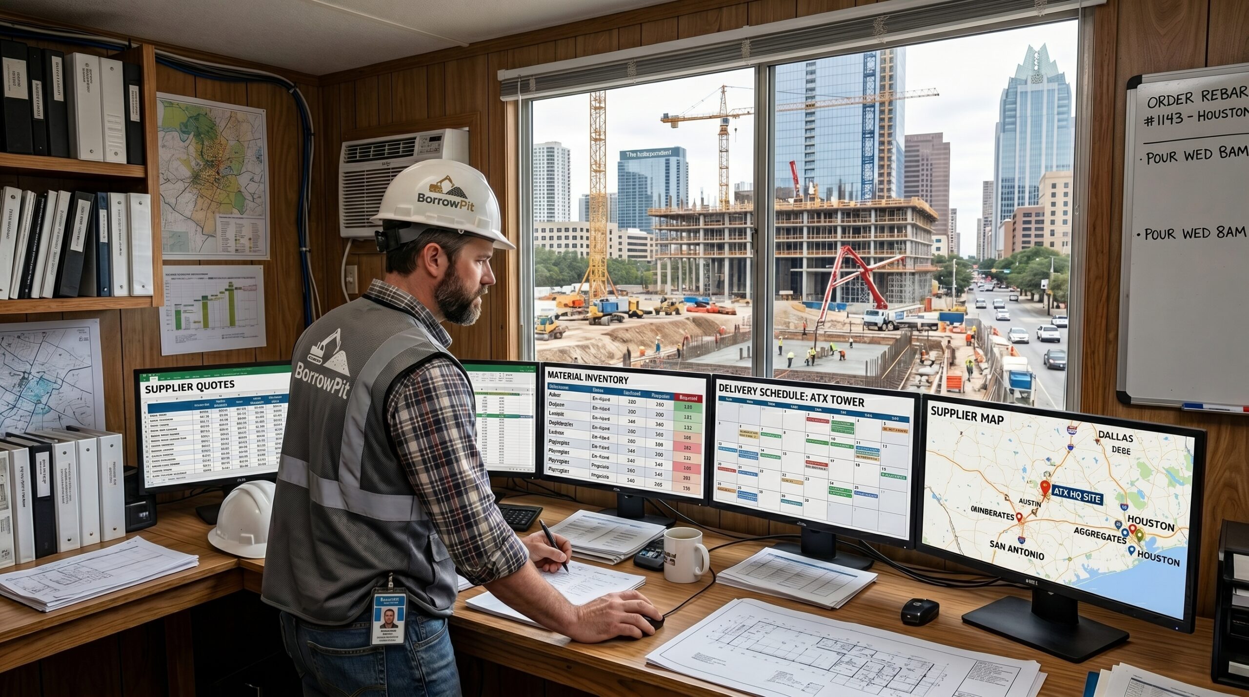Construction materials near me in Texas cities being sourced by a contractor managing procurement and supplier coordination.