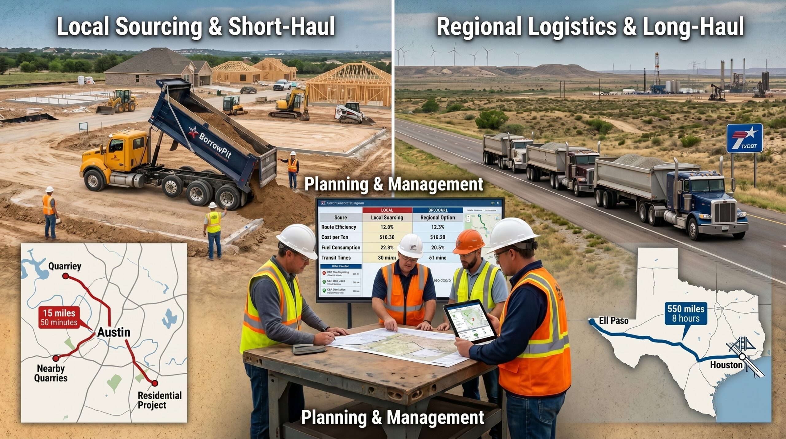 Local vs regional material sourcing in Texas showing construction material deliveries from nearby and statewide suppliers.