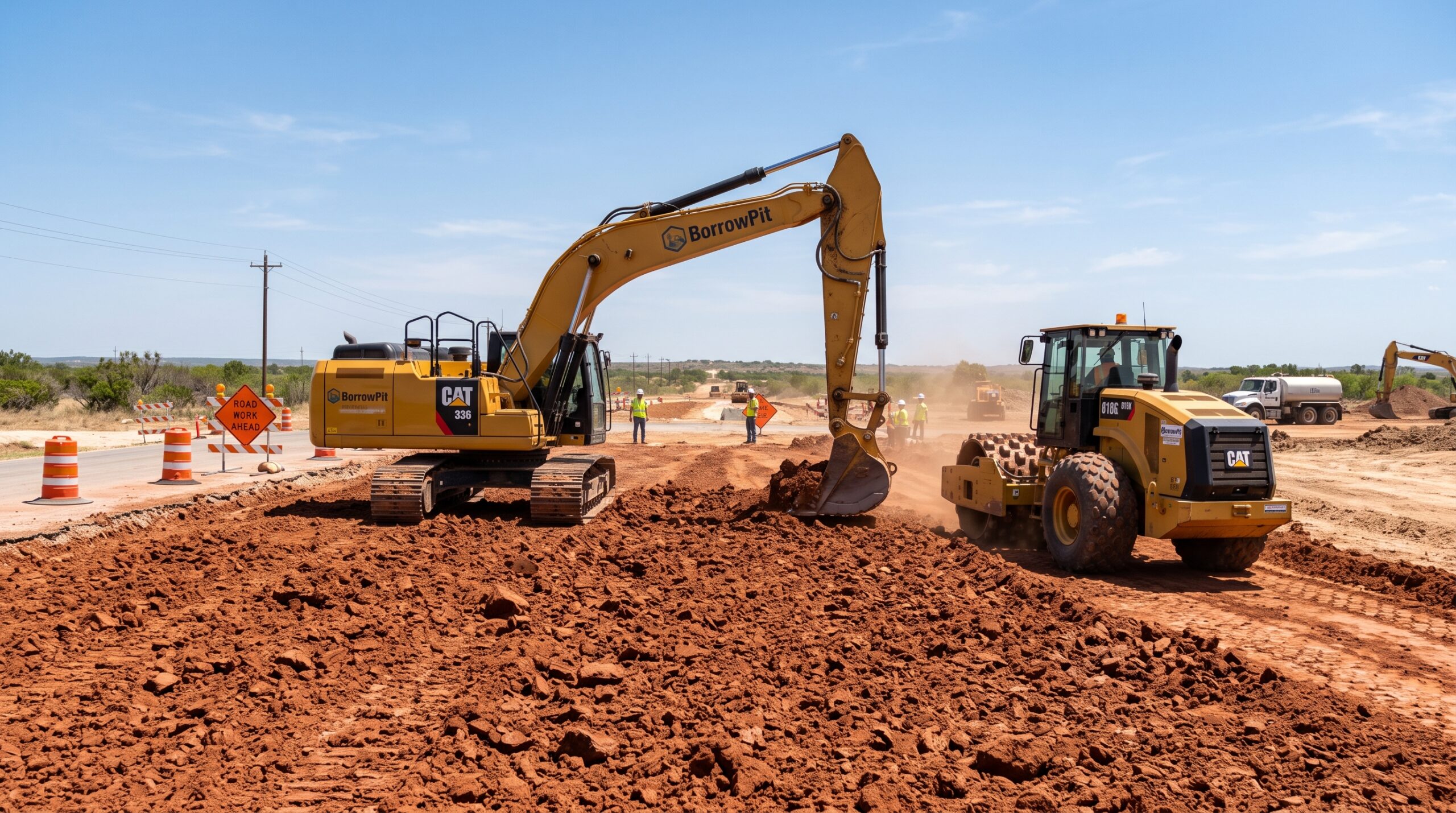 Cat excavator compacting lean clay fill on a Texas municipal road embankment construction site.