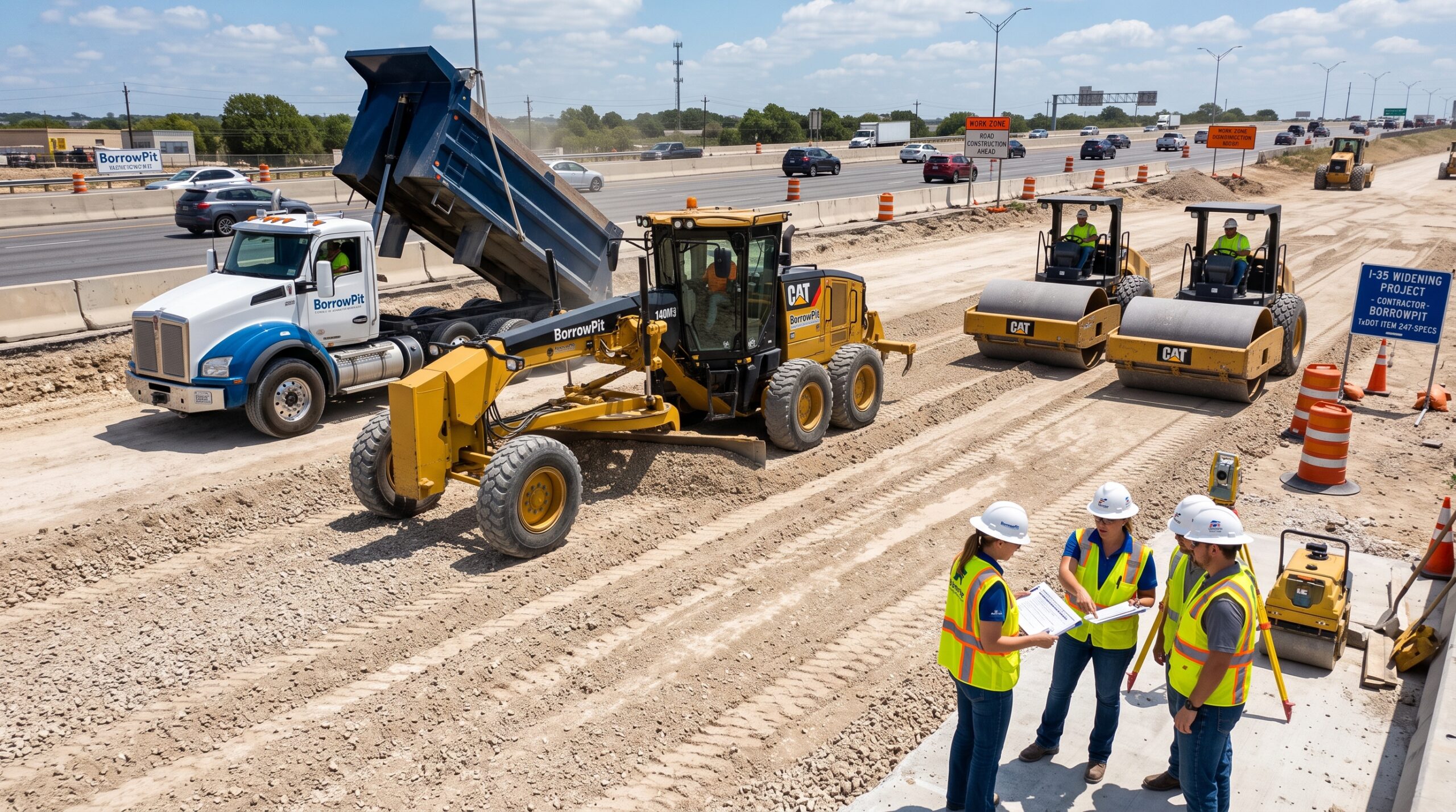 Crushed limestone flexbase being placed and compacted under TxDOT Item 247 on a Texas roadway construction project.
