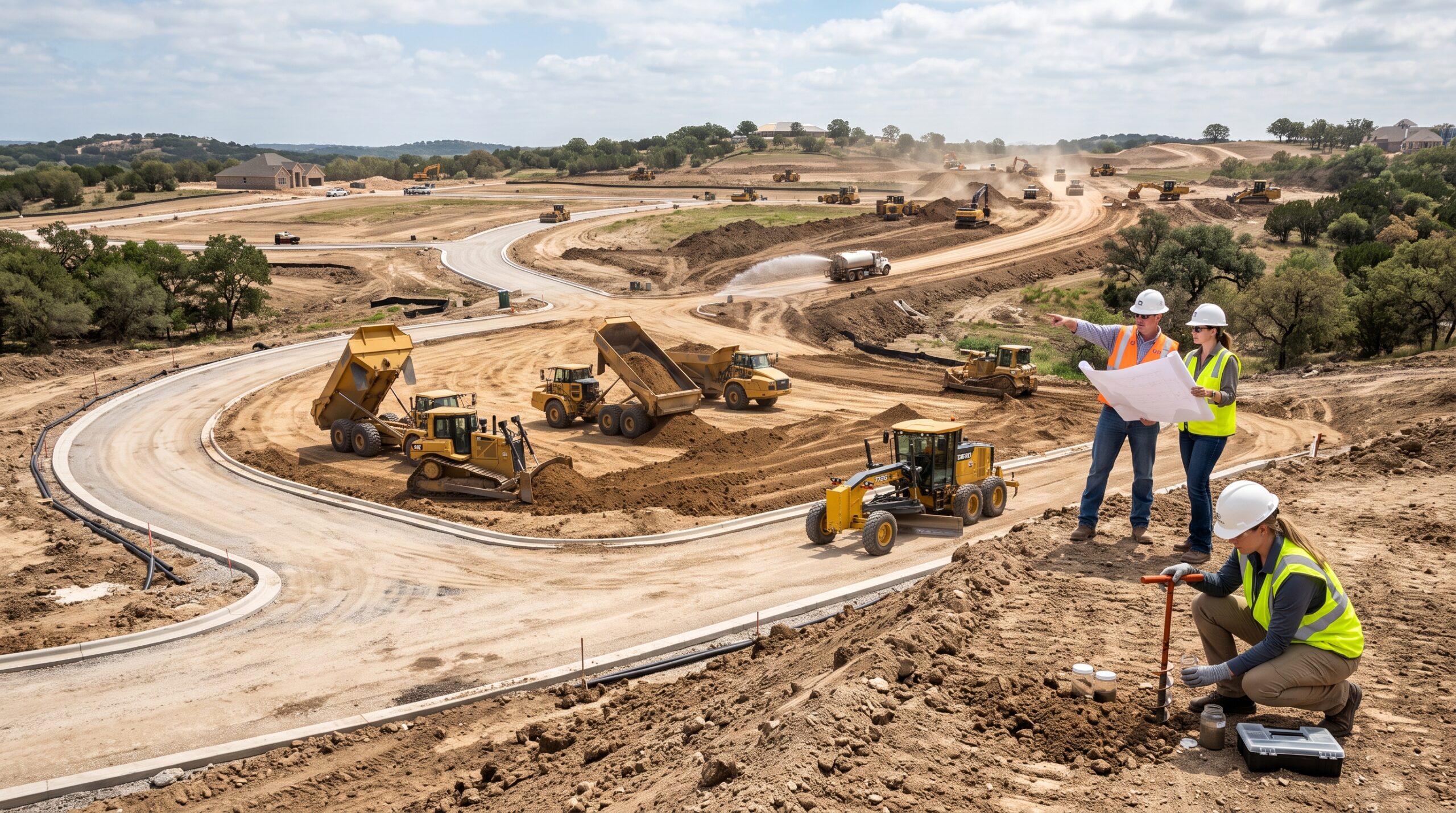 Texas land development project with bulk fill dirt deliveries and geotechnical inspection.