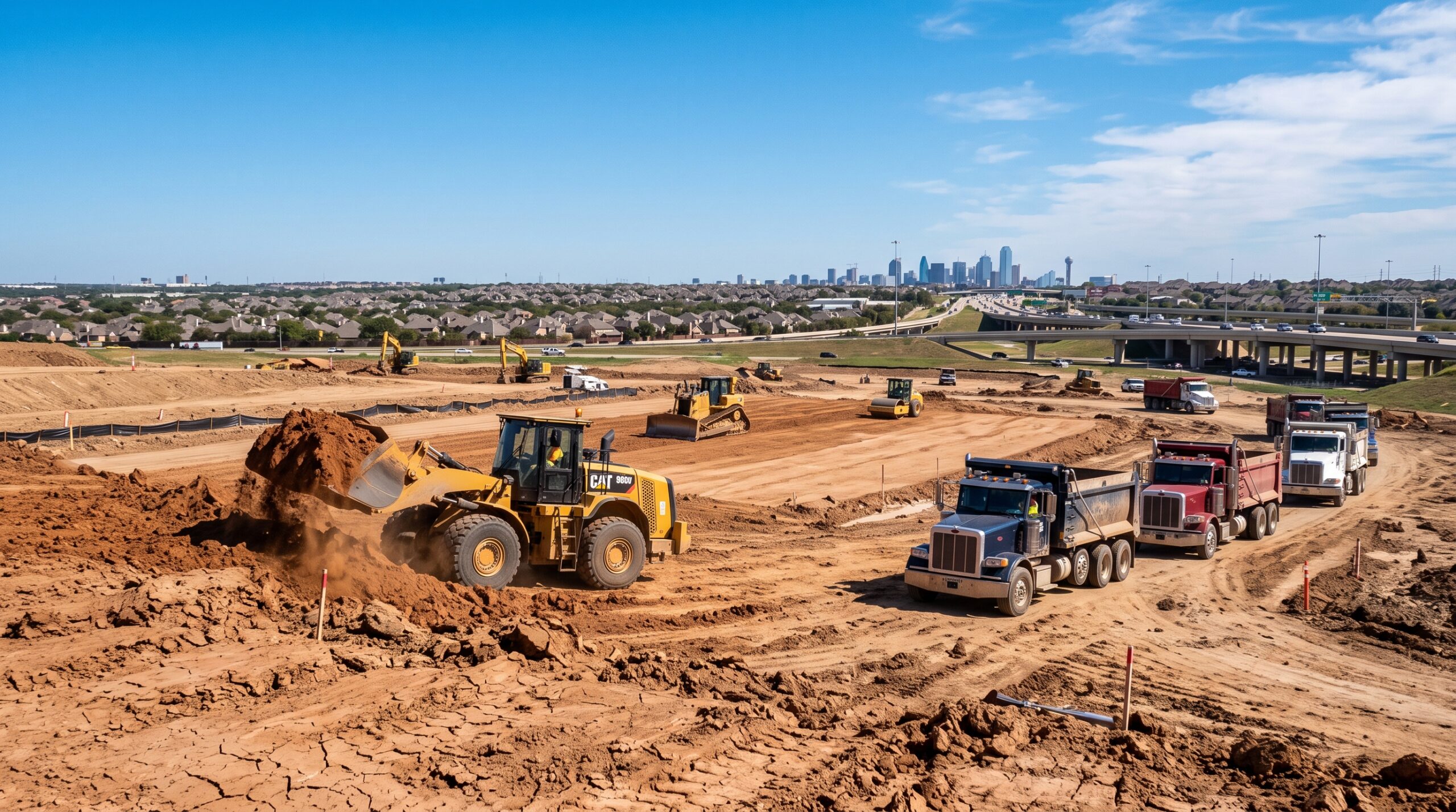 Loader placing fill dirt on a graded pad at a North Texas land development site with dump trucks staged nearby.