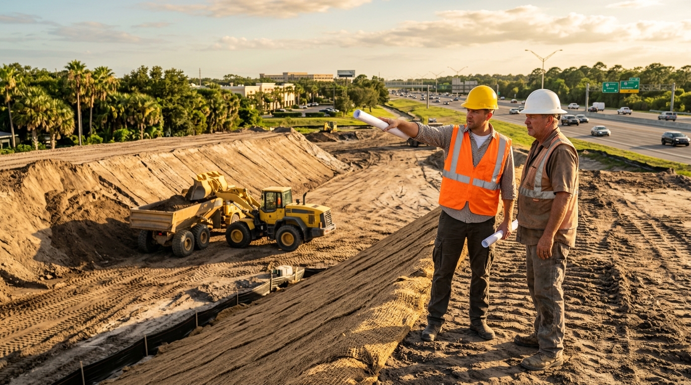 Civil project superintendent reviewing earthwork plans to source fill dirt for construction projects in Central Florida