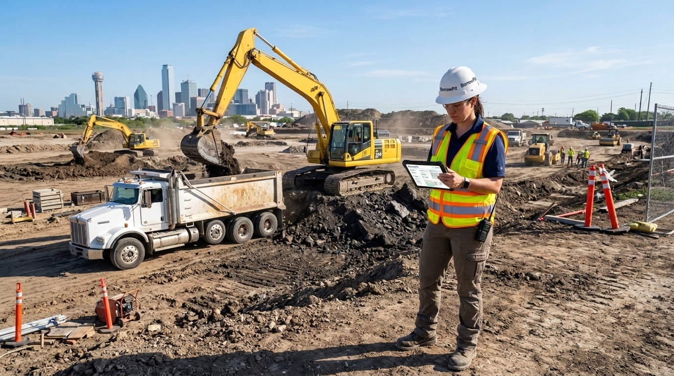 Civil project manager using a tablet displaying BorrowPit branding to evaluate construction material marketplaces on a job site.
