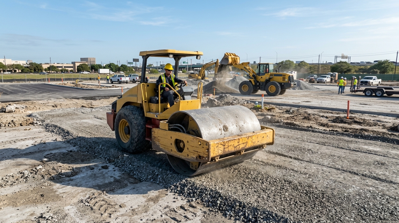 Heavy compaction roller compacting recycled crushed concrete base on a commercial parking lot job site.