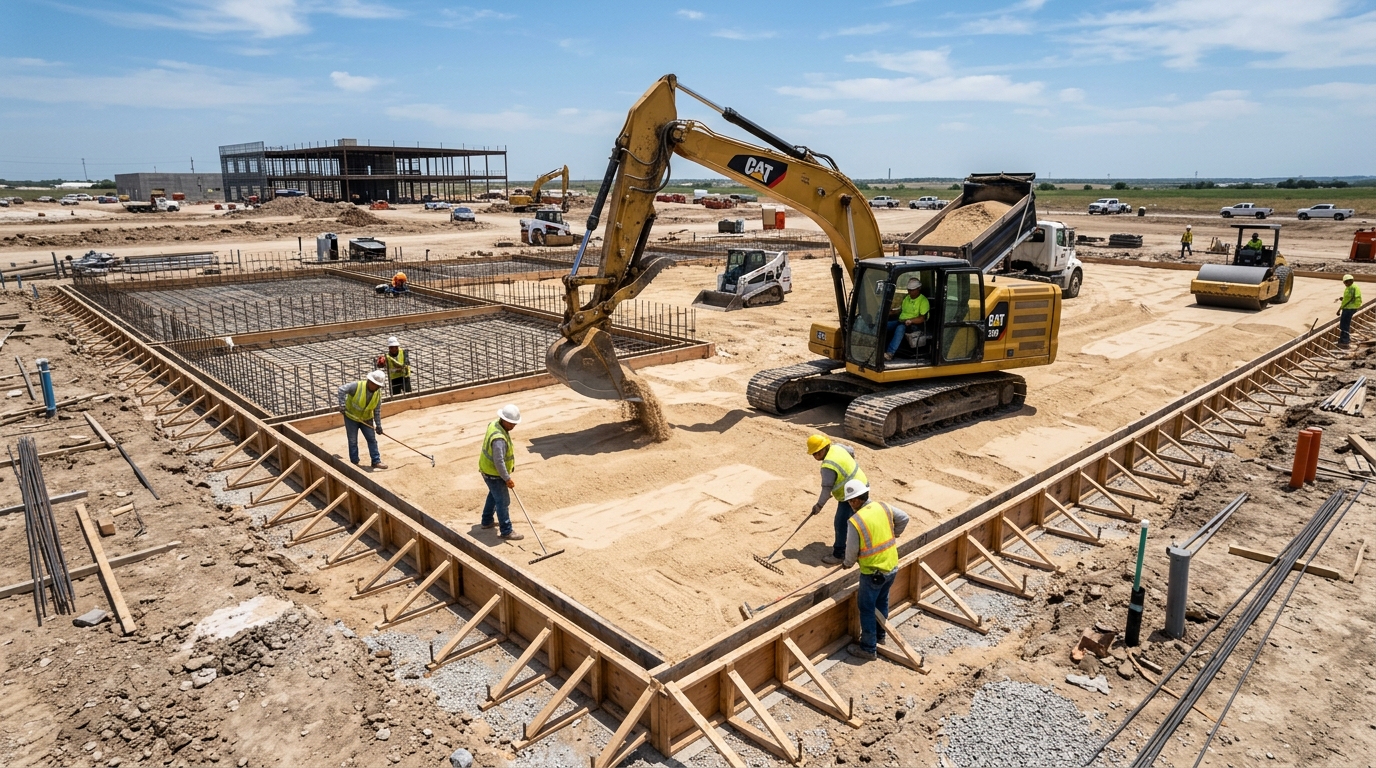 Excavating crew spreading fine beige cushion sand under a concrete slab foundation on a Texas commercial construction site.