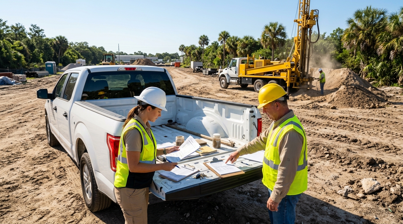 Civil project manager and environmental inspector verifying fill dirt regulations in Florida on a commercial job site.