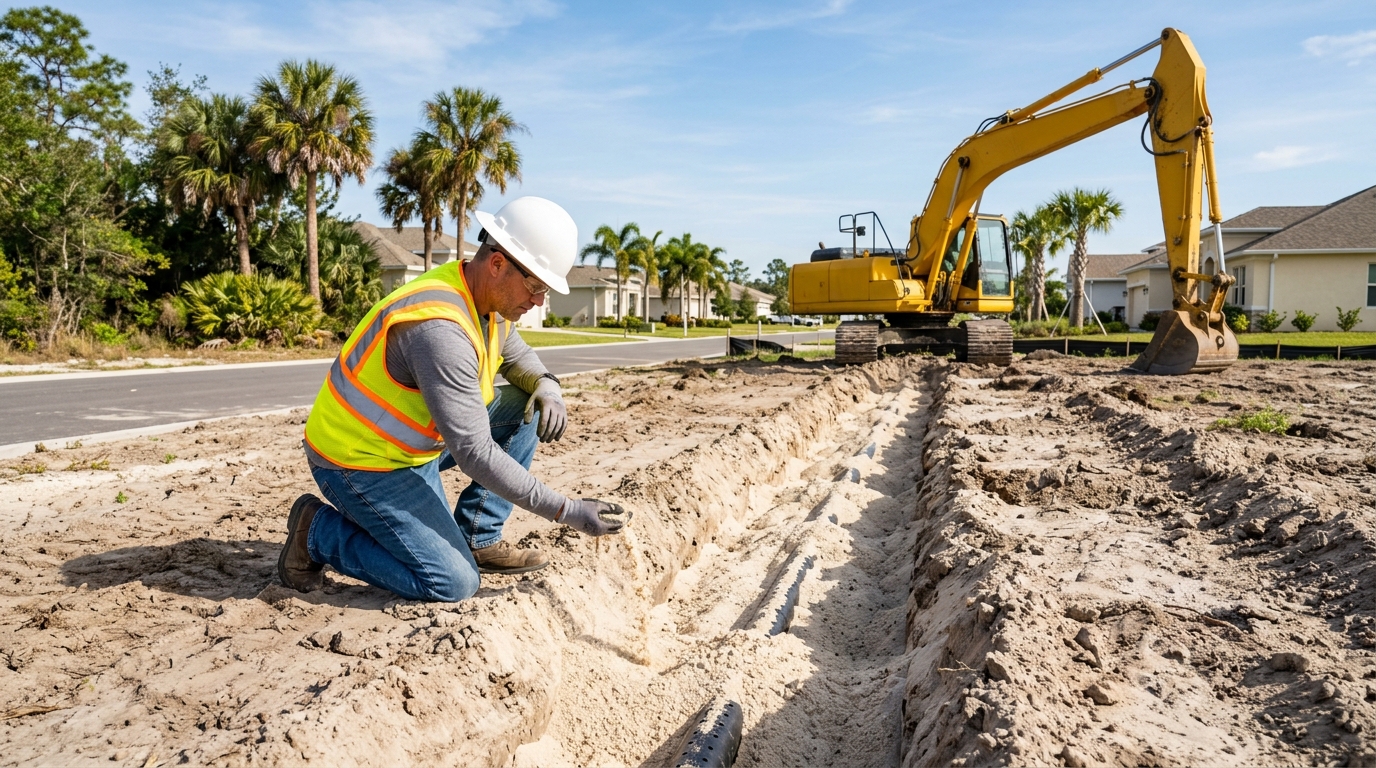 Septic system installer evaluating clean coarse septic sand in Florida construction drain field.