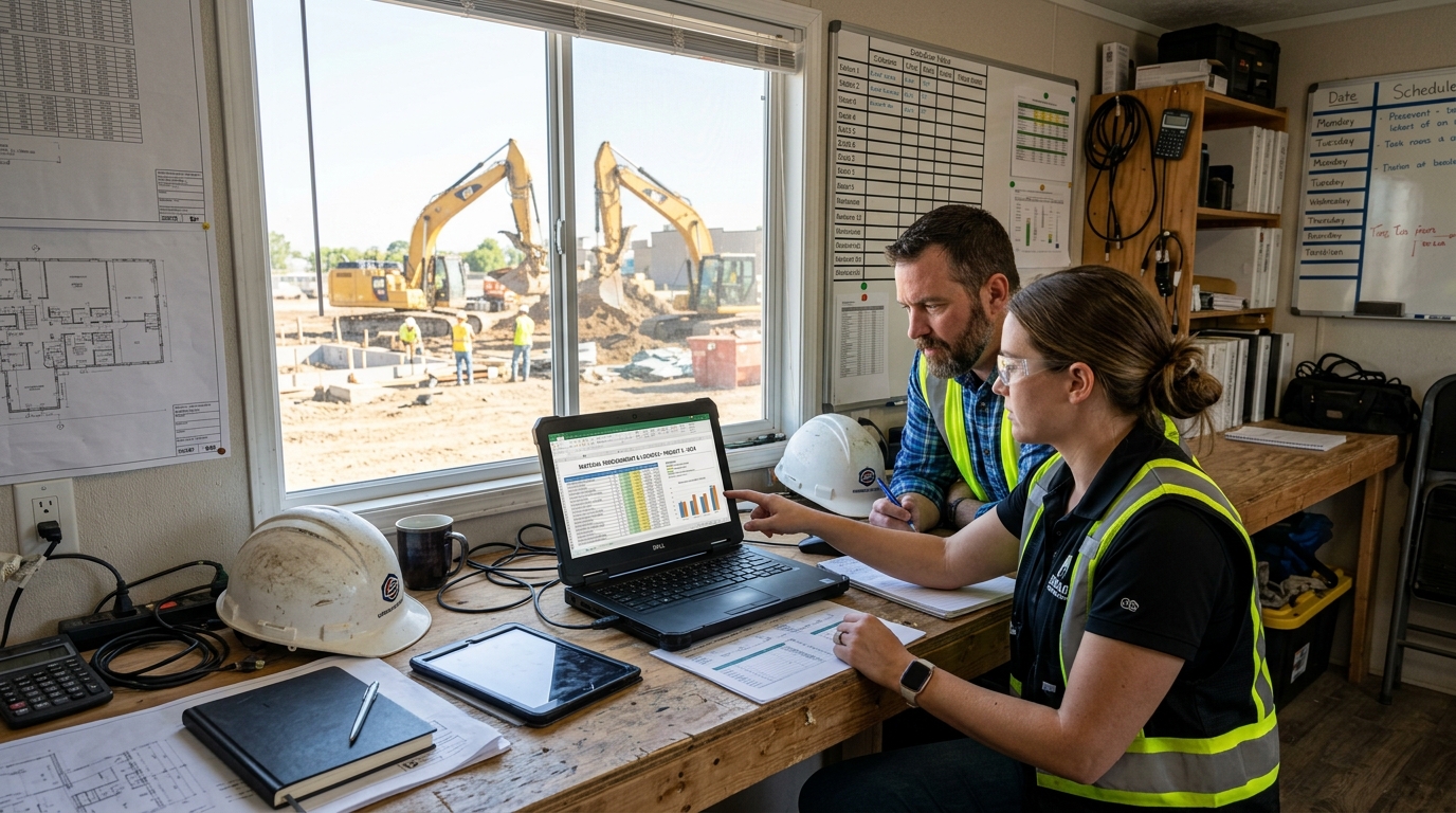 General contractor reviewing subgrade material quotes on a tablet to reduce material costs using a marketplace.