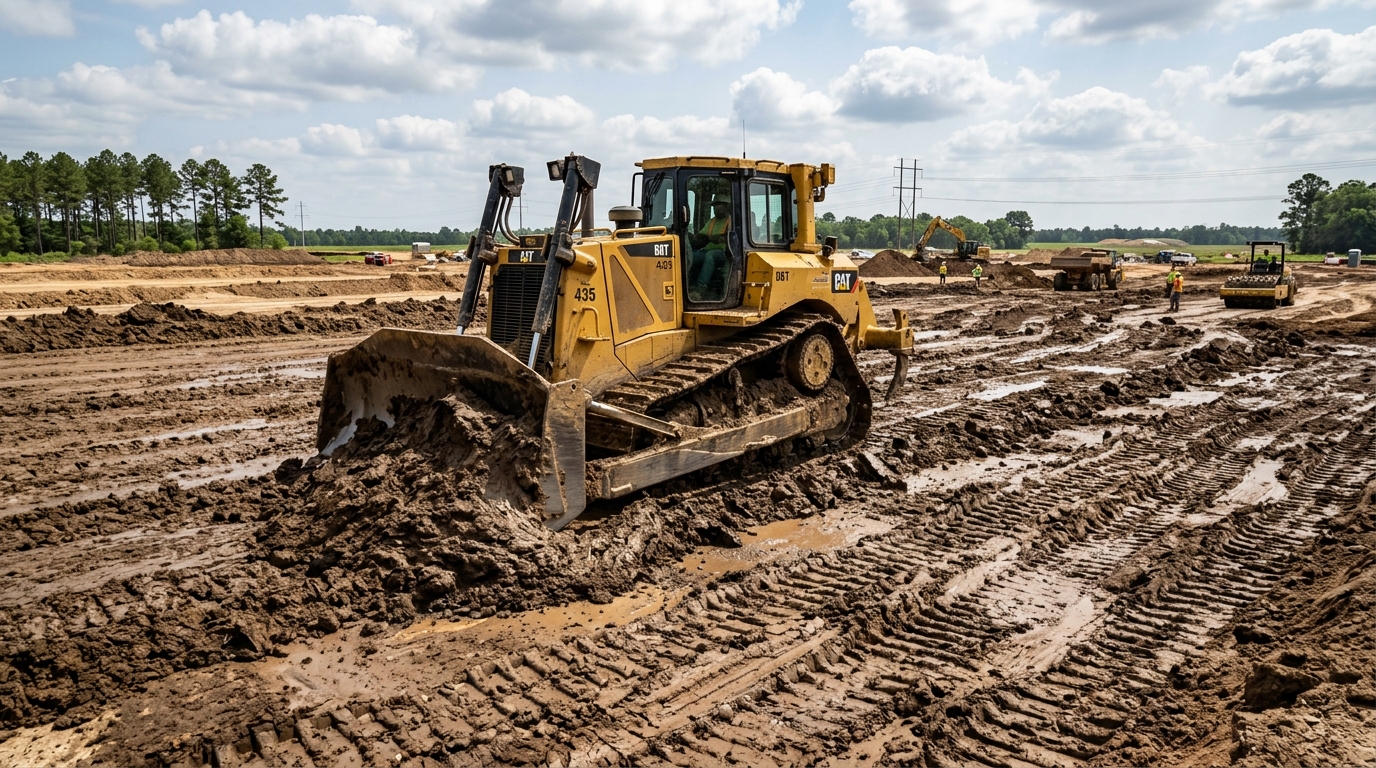 Bulldozer grading high-plasticity gumbo clay soil on an East Texas construction job site.