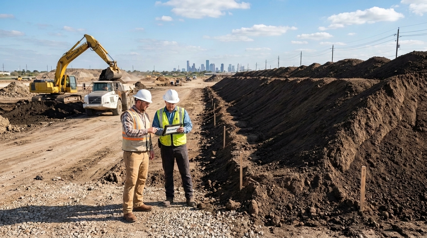 Civil contractor using a tablet with BorrowPit branding next to a dirt stockpile to list your excess construction material on a digital marketplace.